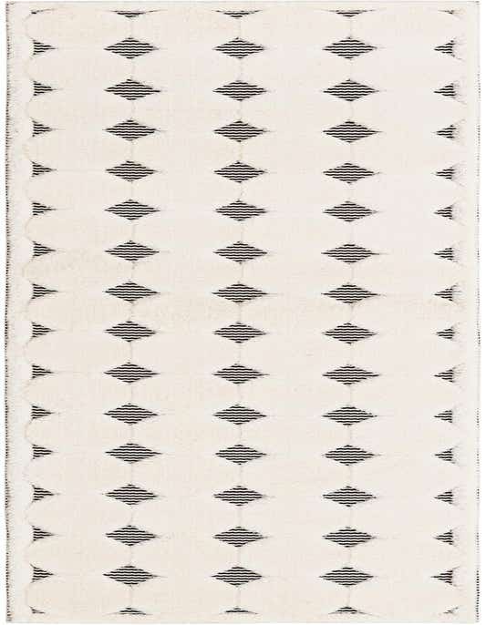 A 10 ft runner rug featuring a cream background with a repeating pattern of black striped diamonds, ideal for a hallway.