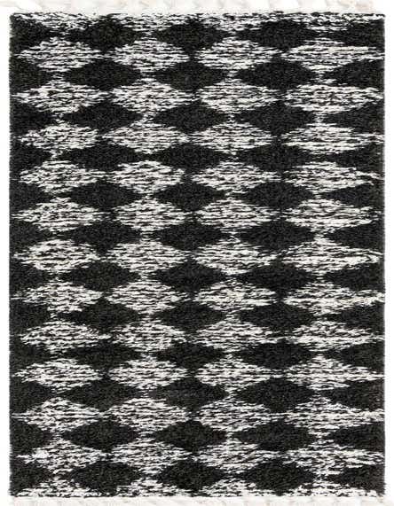 A 12 ft runner rug featuring a plush black and white trellis pattern with a shaggy texture, ideal for a hallway.