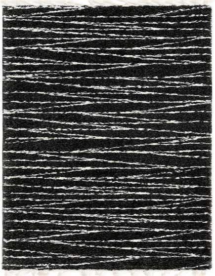 A 12 ft runner rug with a black shag pile and horizontal white textured stripes, perfect for a modern hallway.
