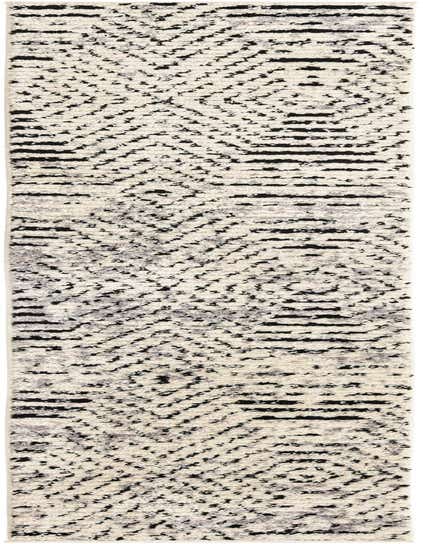 A 10 ft runner rug featuring a modern black and ivory striped pattern with a textured, high pile.