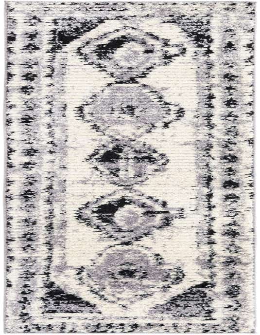 An 8 ft runner rug with a black, gray, and ivory tribal pattern, ideal for a hallway.