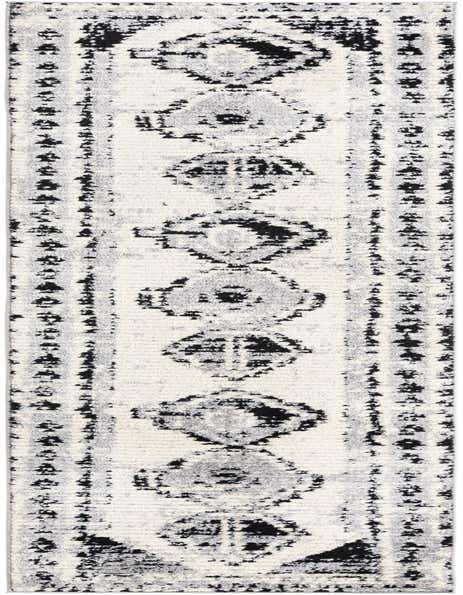 A 12 Ft Tagine runner rug in black and white with a distressed tribal pattern, ideal for a hallway.