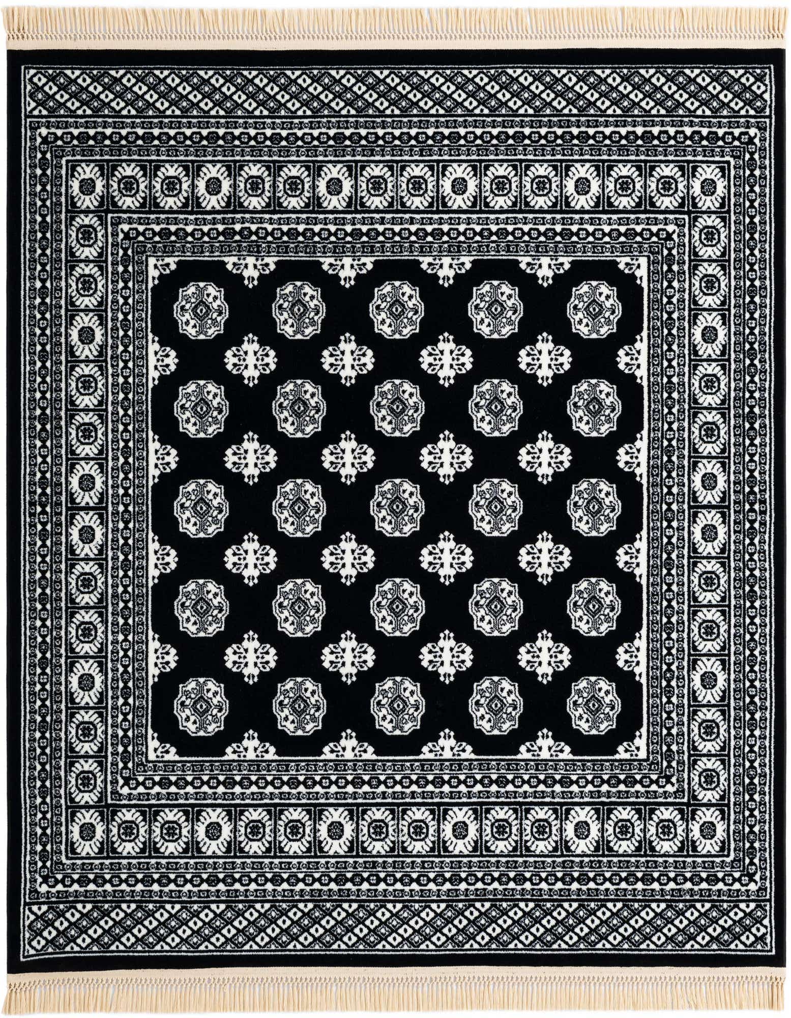 A 6' 0 x 6' 0 square black and white Bokhara rug with intricate traditional patterns and cream fringes.
