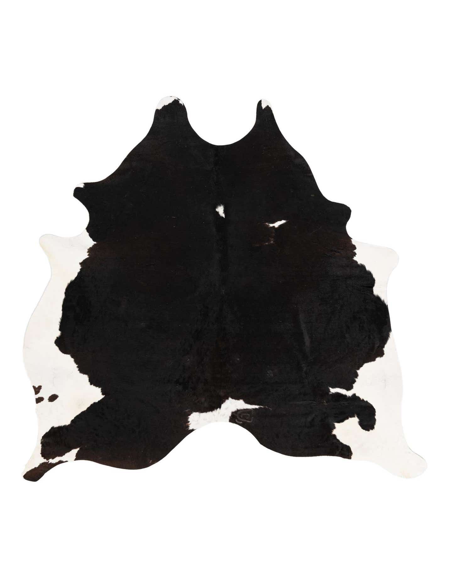 A 6'5" x 6'8" square black and white cowhide rug with an irregular, natural shape and flat pile.