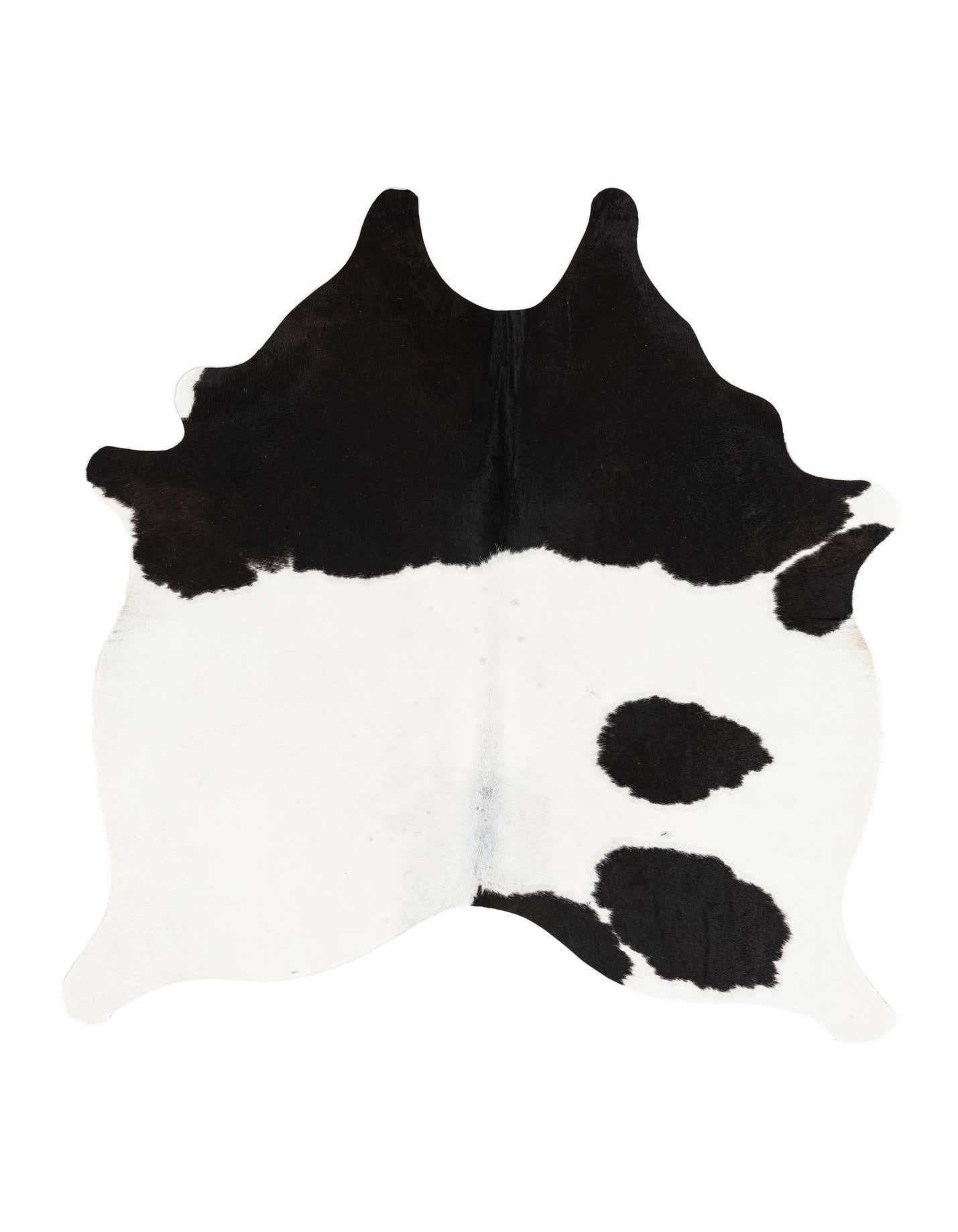 A 4' 8 x 5' 0 black and white cowhide rug with an irregular, organic shape, featuring a large black section at the top and white with black spots below.