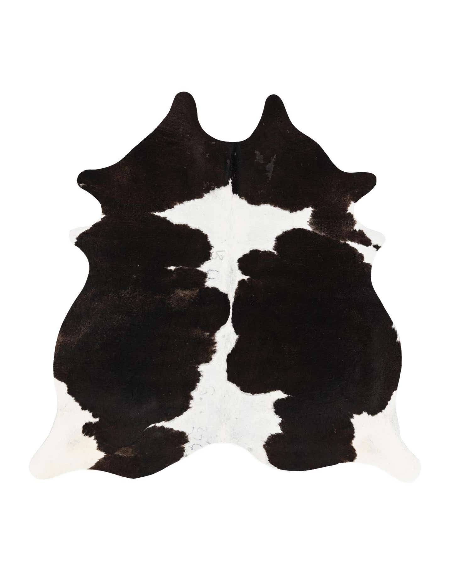 A 5' 7 x 5' 10 square cowhide leather rug with a natural black and white mottled pattern, suitable for a modern indoor space.