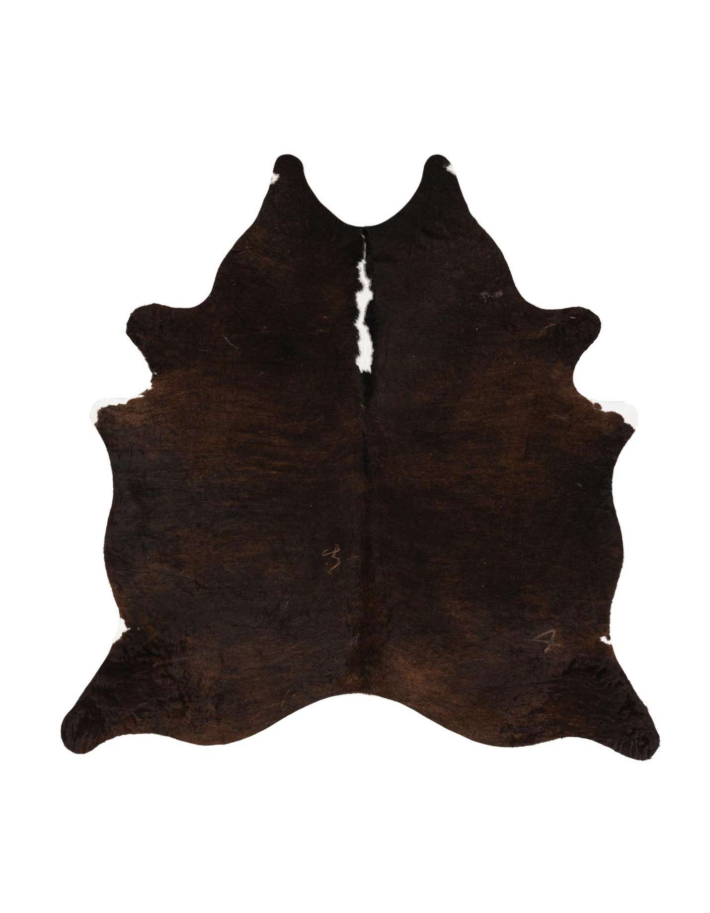 A 6'3" x 6'10" square cowhide rug in dark brown with a white stripe and white edges, showcasing its natural, irregular shape.