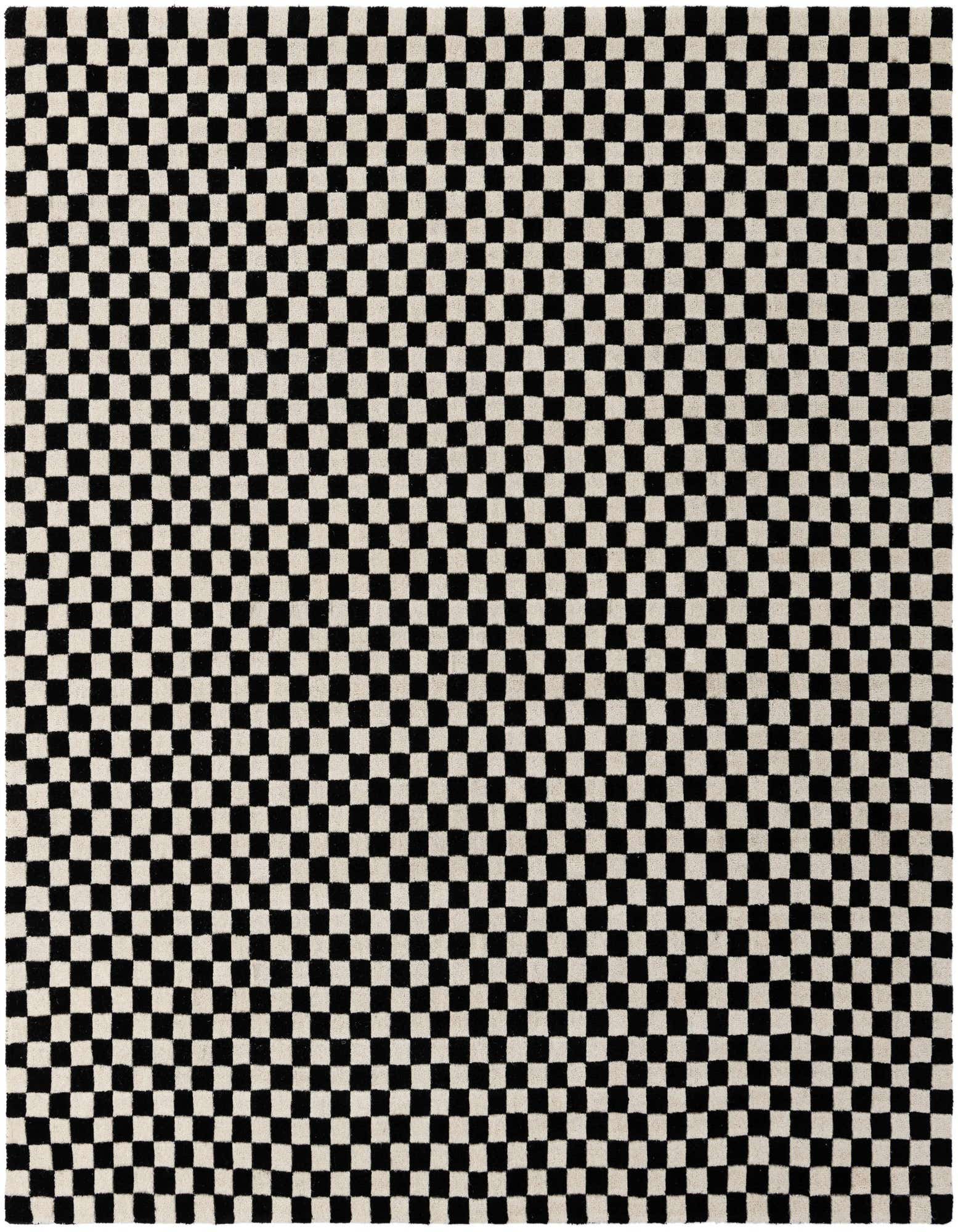 A square black and white checkered area rug with a high, textured pile, perfect for a living room or bedroom.