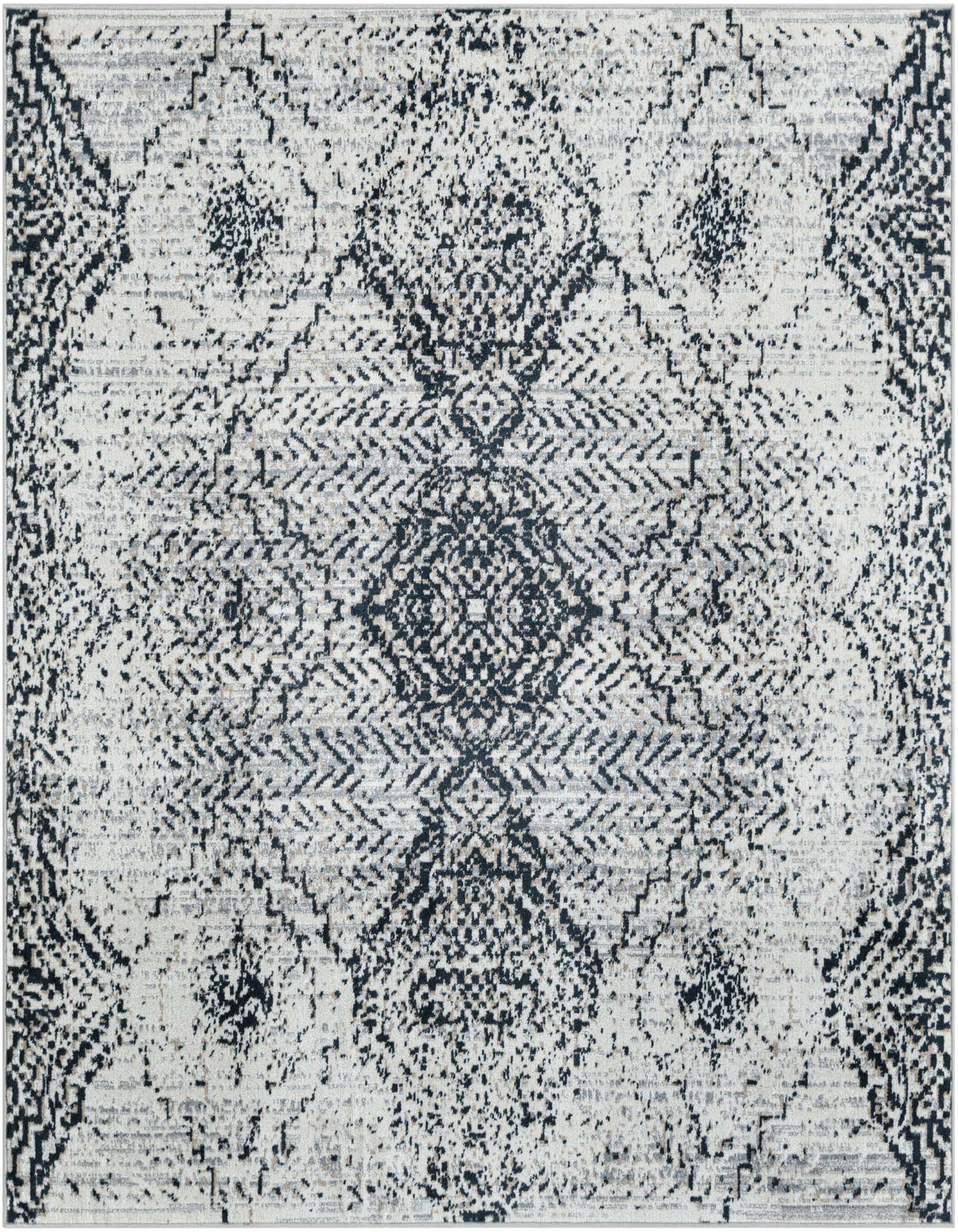 A square black and white traditional medallion rug with a distressed vintage look, suitable for indoor spaces.