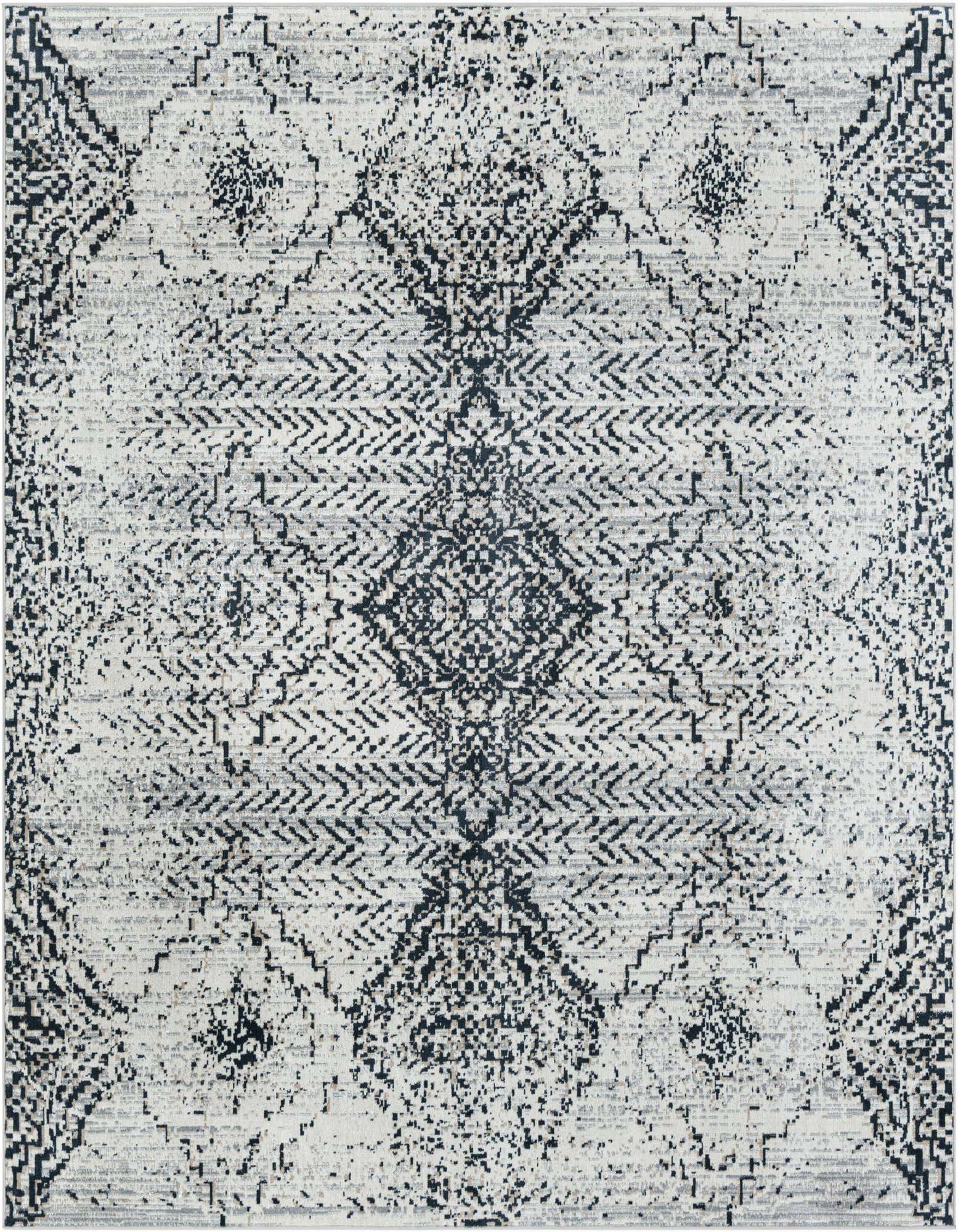 A square black and white traditional medallion rug with a distressed vintage pattern, ideal for a living room or patio.