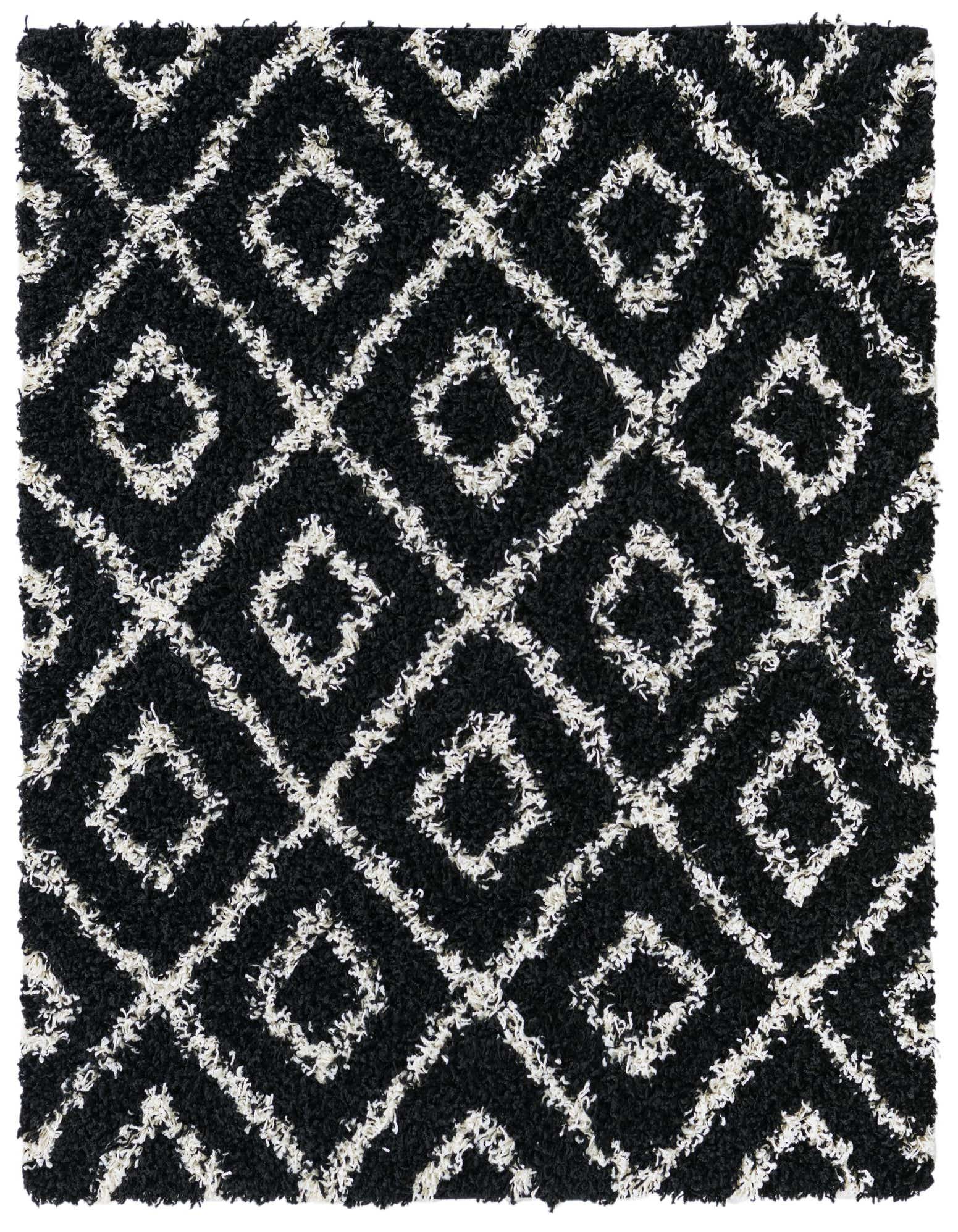 A black and white square area rug with a textured high/low pile, featuring a modern trellis pattern.