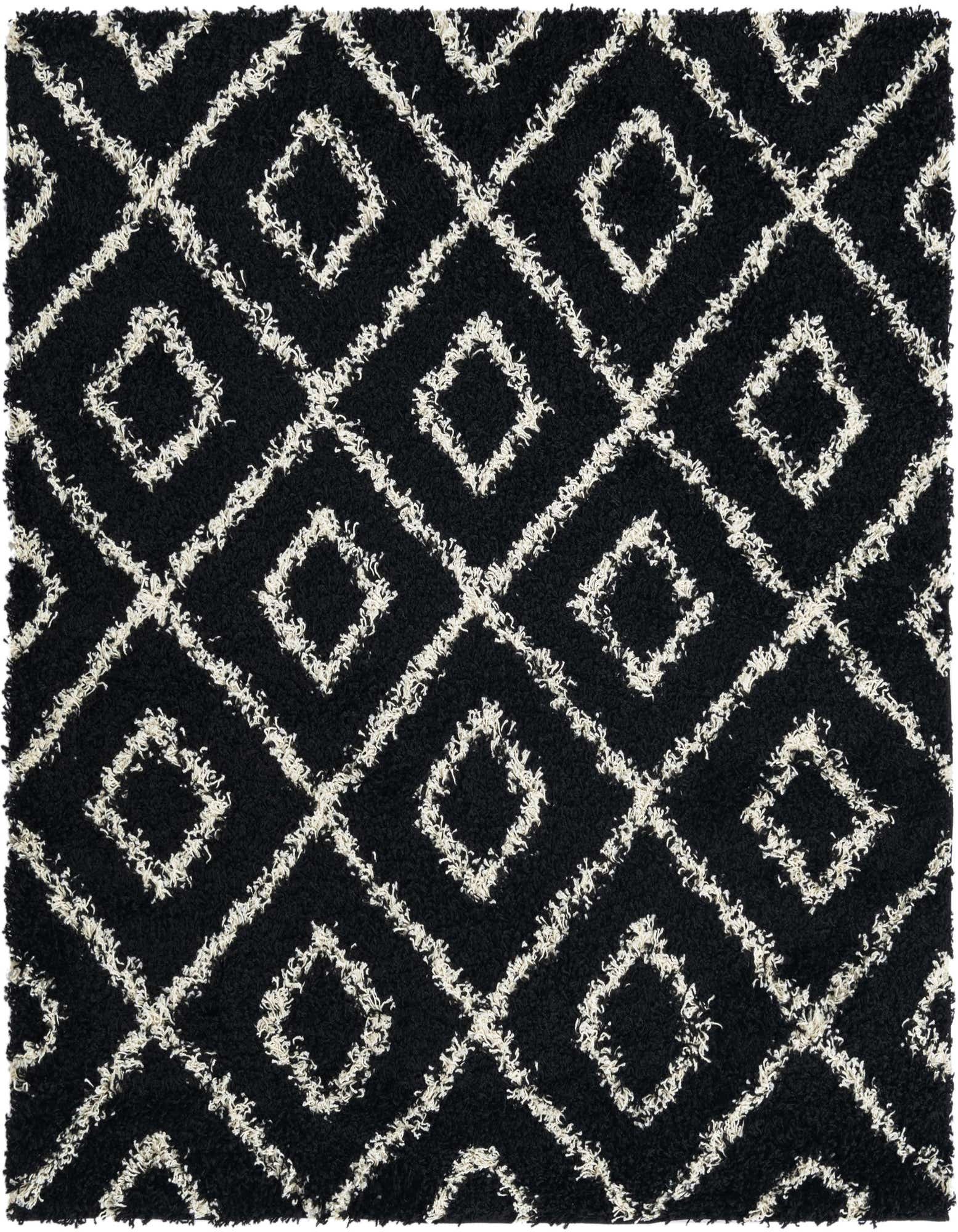 A 5' 3 x 5' 3 square black shag rug with a modern ivory diamond lattice pattern, featuring a textured high/low pile.