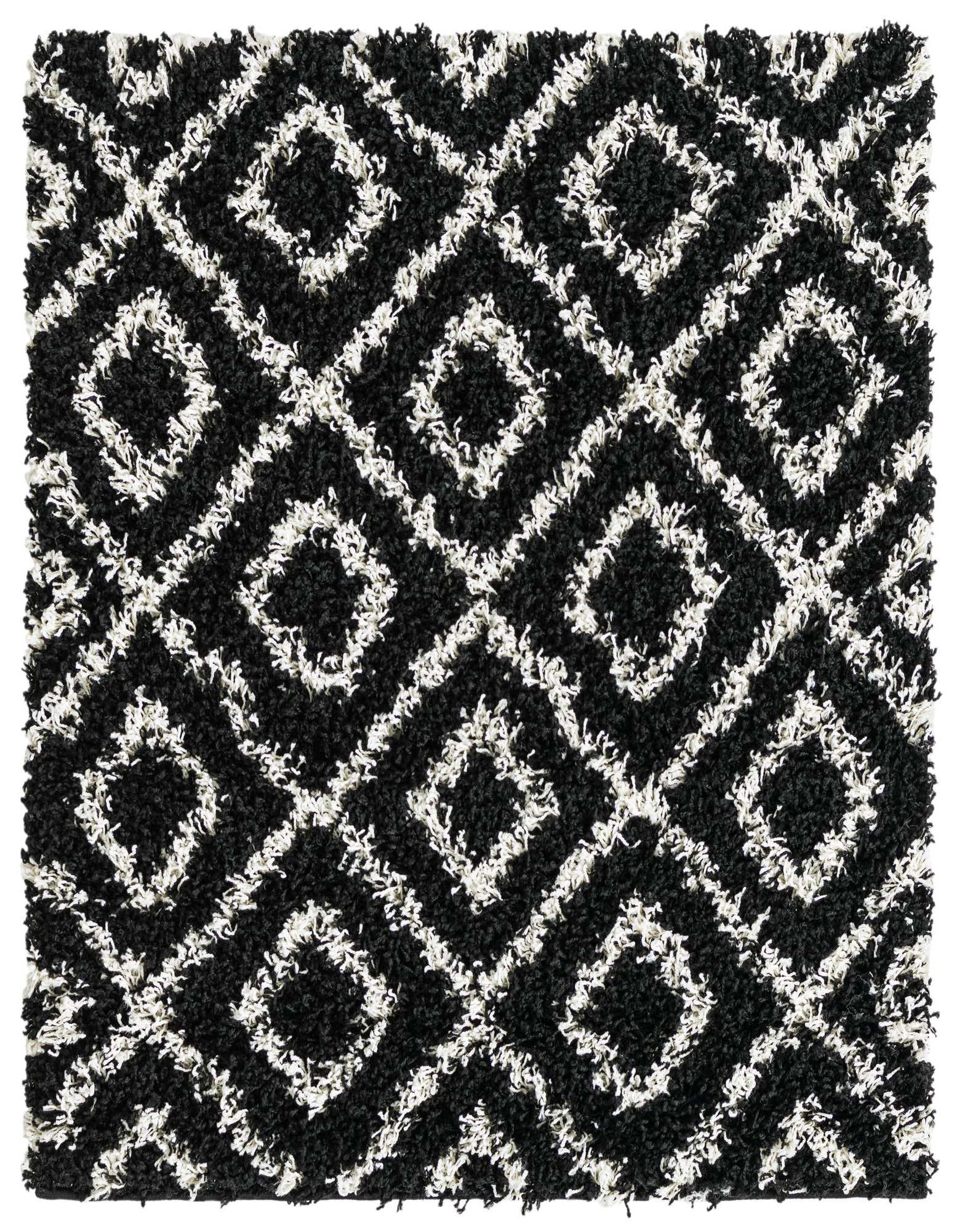 A 3' 3 x 3' 3 square black and white modern shag rug with a textured high/low diamond lattice pattern.