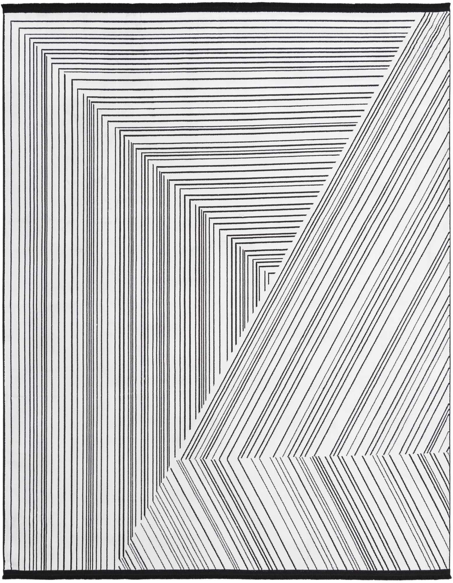 A 7' 10 x 7' 10 square black and white modern rug with a bold geometric stripe pattern, featuring converging lines.