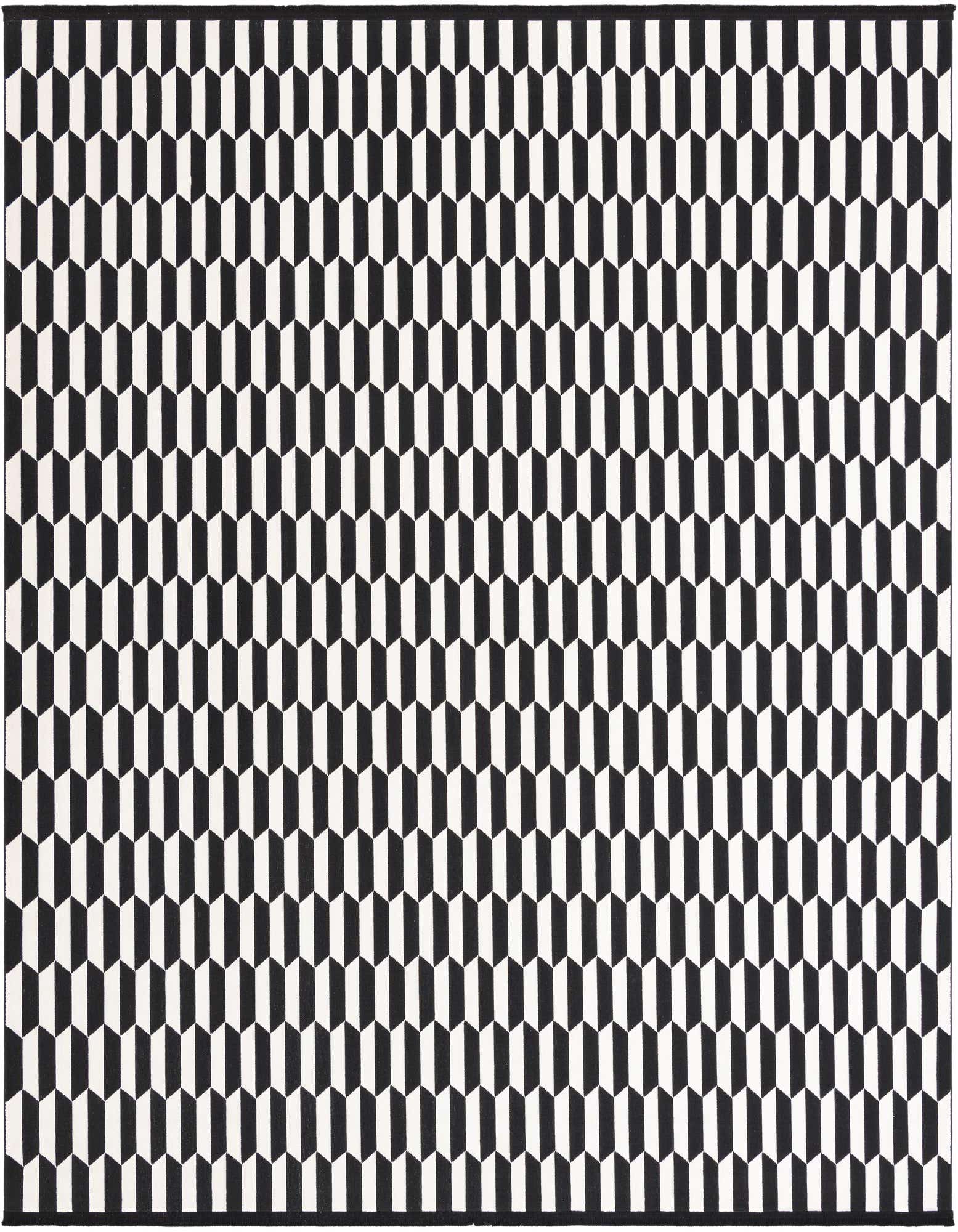 A 10'x10' square Rugs.com Milano rug with a striking black and white geometric pattern, perfect for a modern living space.