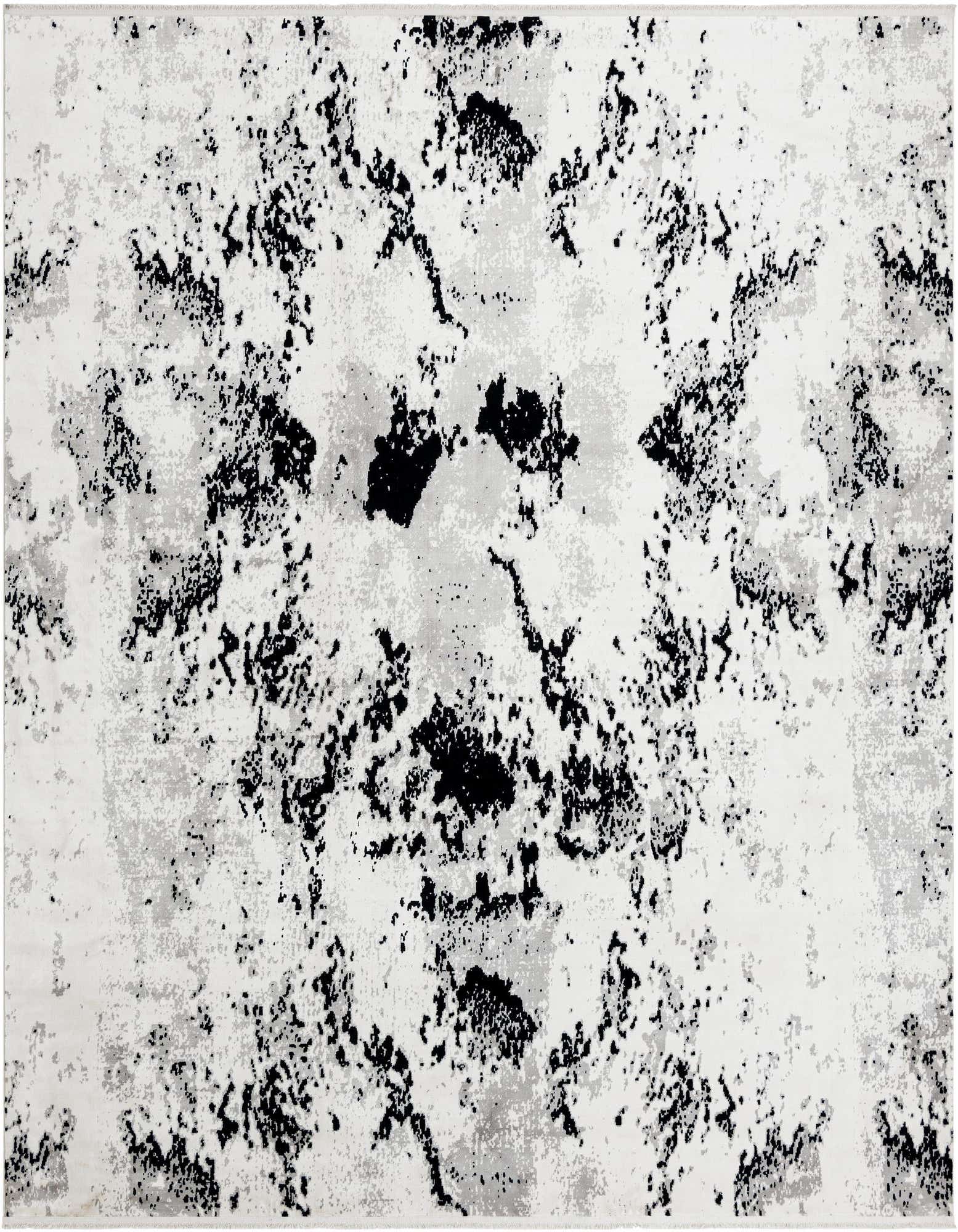 A 10x10 square Rugs.com Milano rug featuring a modern abstract pattern in black, white, and ivory.