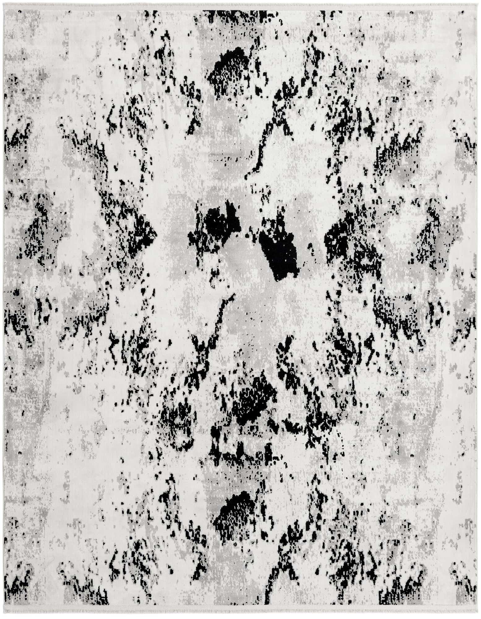 A square 7' 10 x 7' 10 modern area rug featuring an abstract black and white pattern with ivory and cream undertones.