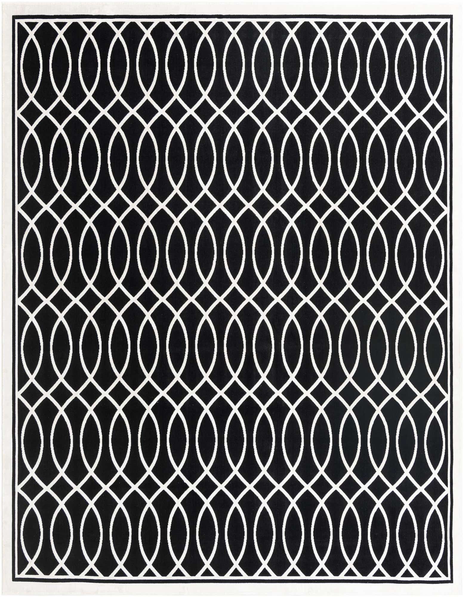 A 9' 10 x 9' 10 square black and white rug featuring an interlocking geometric chain link pattern with a white border.