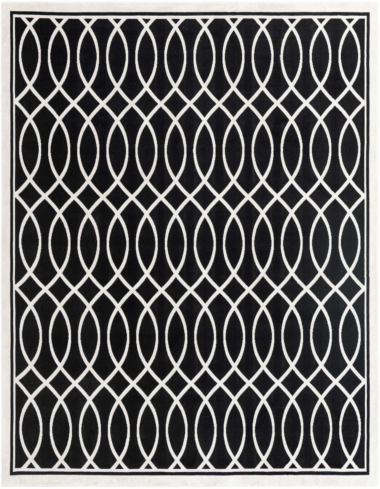 A black square rug with a bold white interlocking geometric chain link pattern and a thin white border.