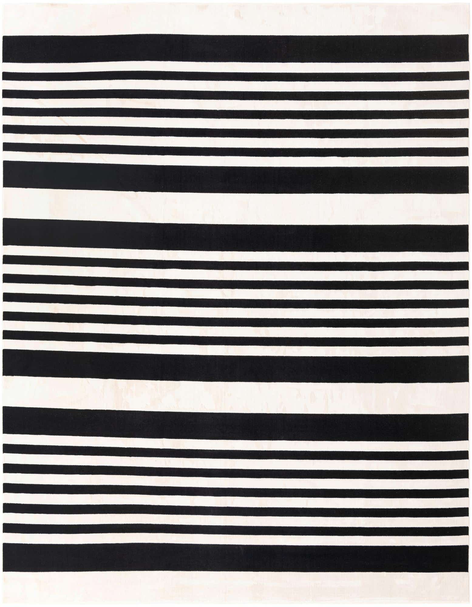A 9' 10 x 9' 10 square black and white striped area rug with varying stripe widths.