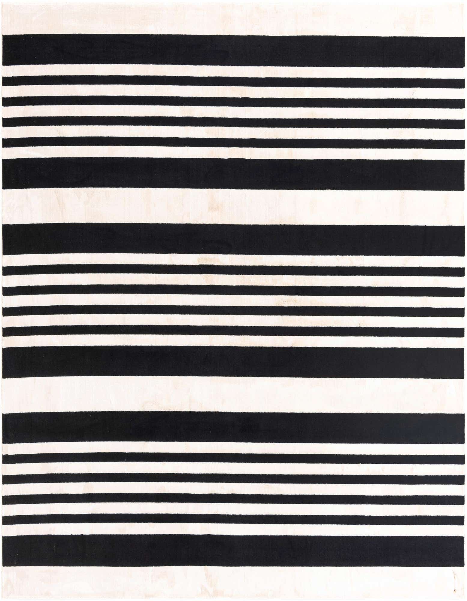 A square 8'3" x 8'3" black and white striped area rug with varying stripe widths.