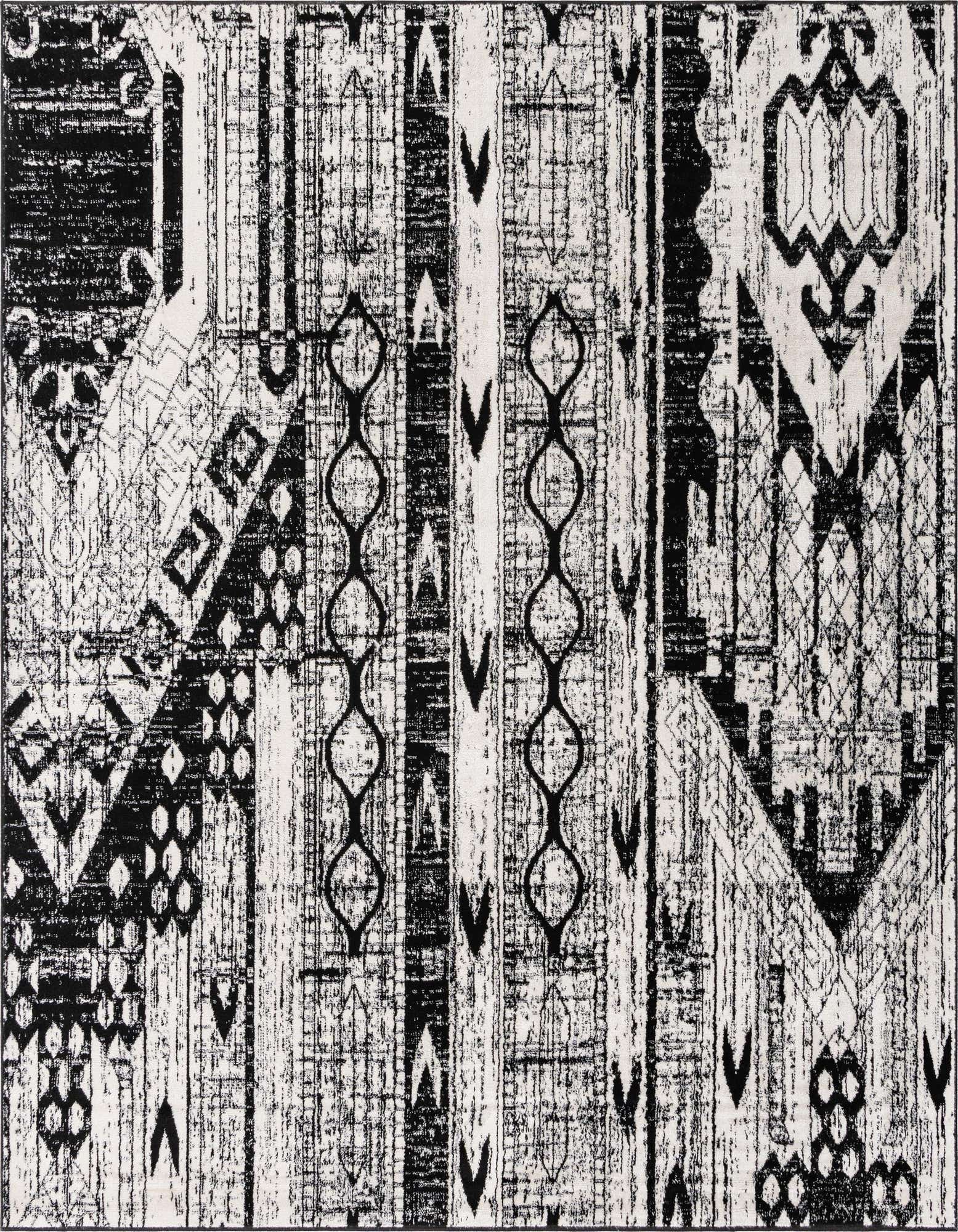 A square black and white Bohemian rug with a distressed tribal pattern, featuring stripes, geometric shapes, and abstract motifs.