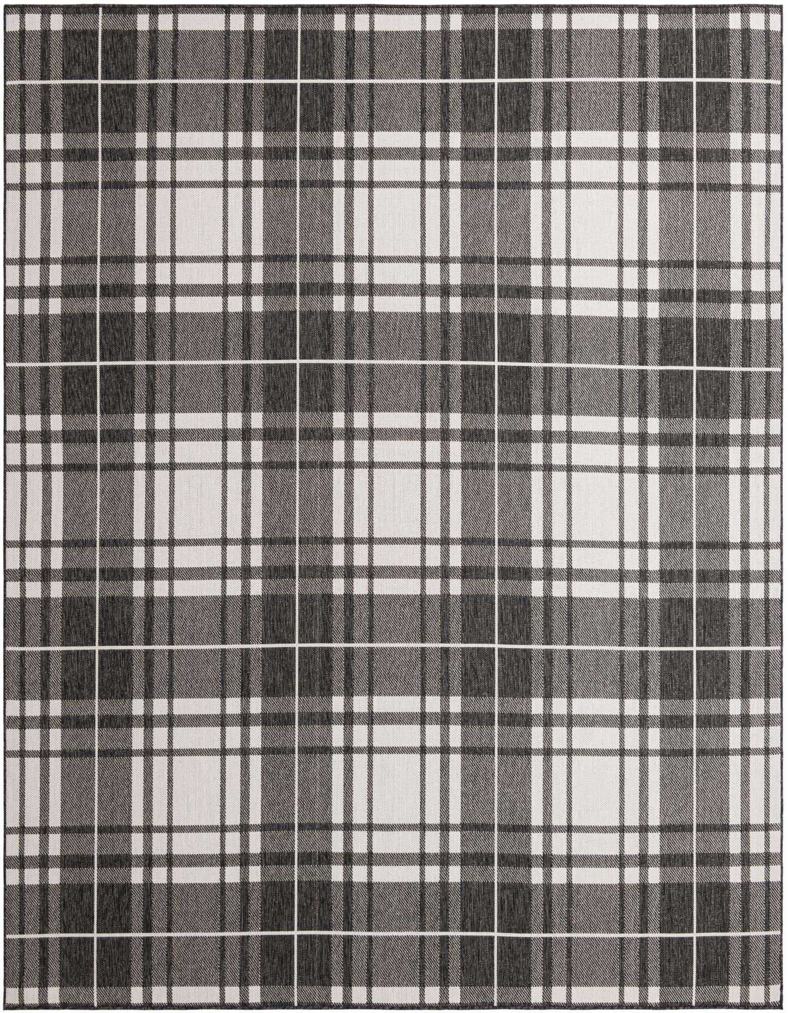 A 10'x10' square black and white modern plaid rug, suitable for indoor or outdoor use on a patio.