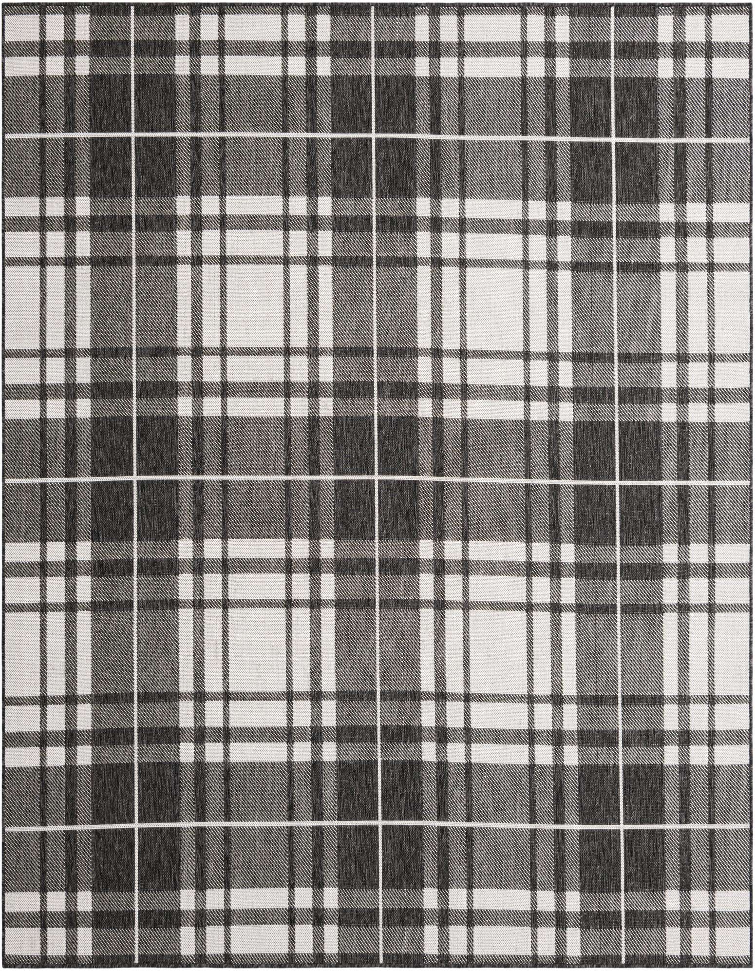 A 7' 10 x 7' 10 square black and white modern plaid rug with a flatweave texture, suitable for indoor or outdoor use.