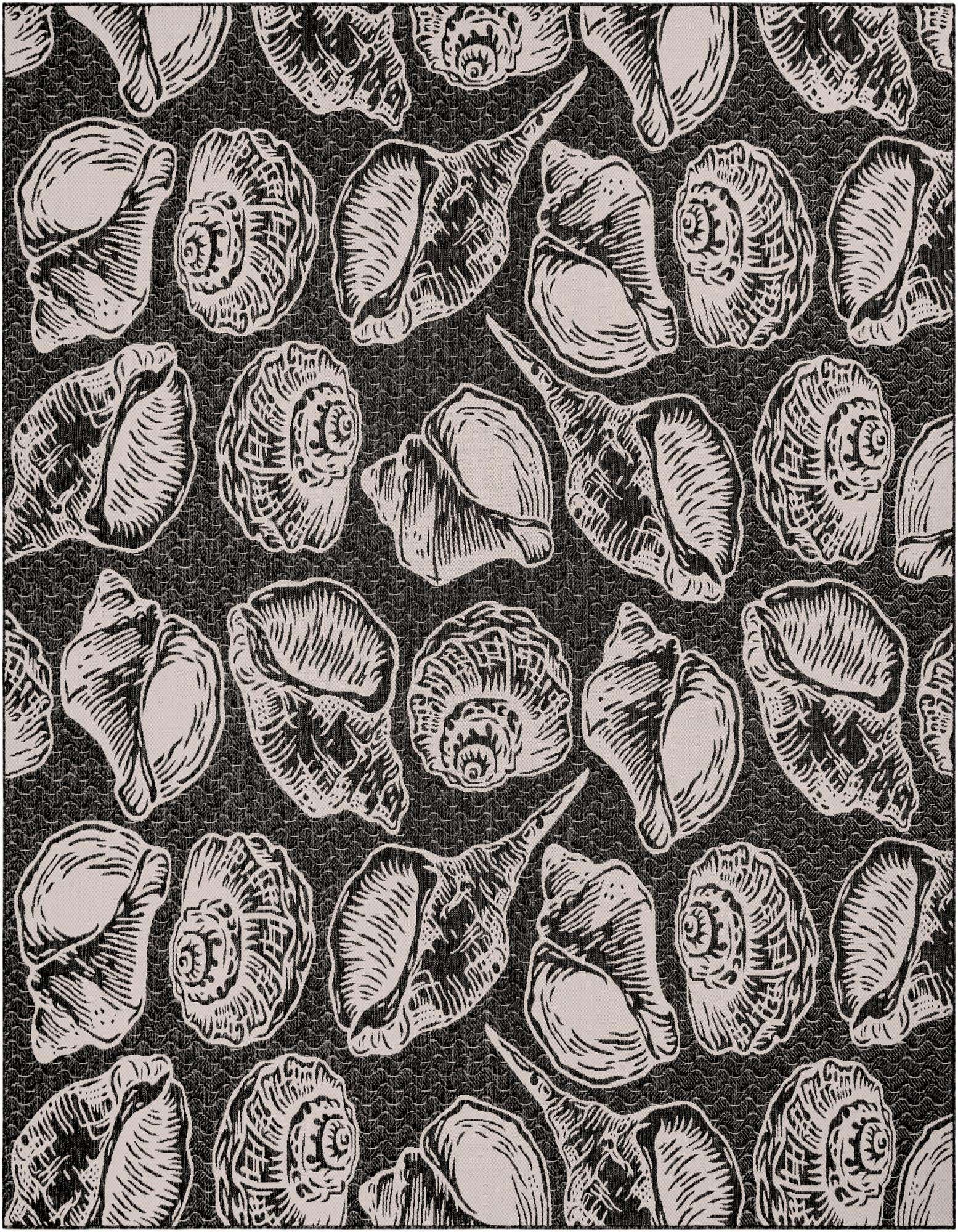 A 12' 0 x 12' 0 square black and white rug featuring an intricate coastal seashell pattern, ideal for a patio.