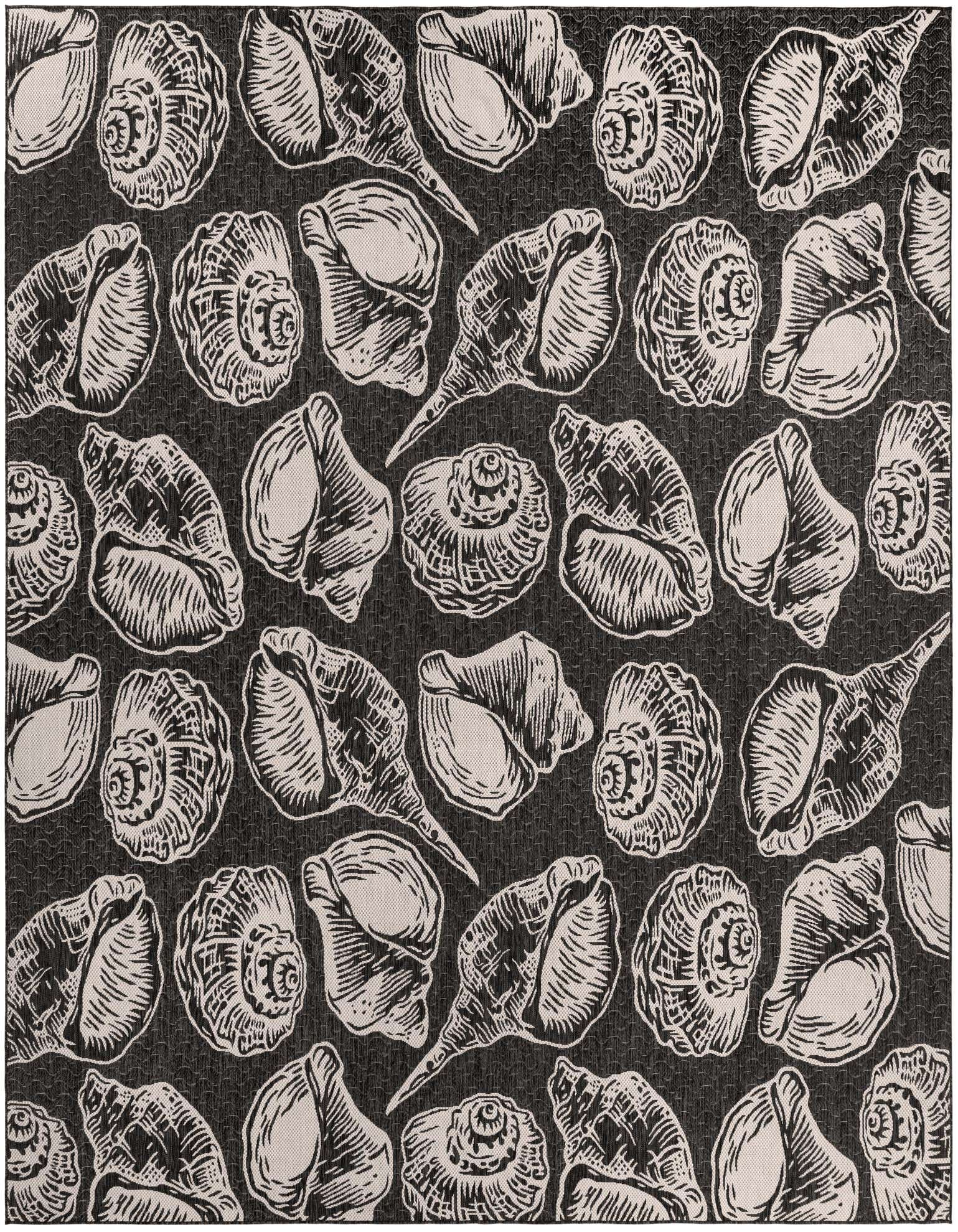 A square black and white outdoor rug featuring a repeating pattern of various seashells, perfect for a patio.