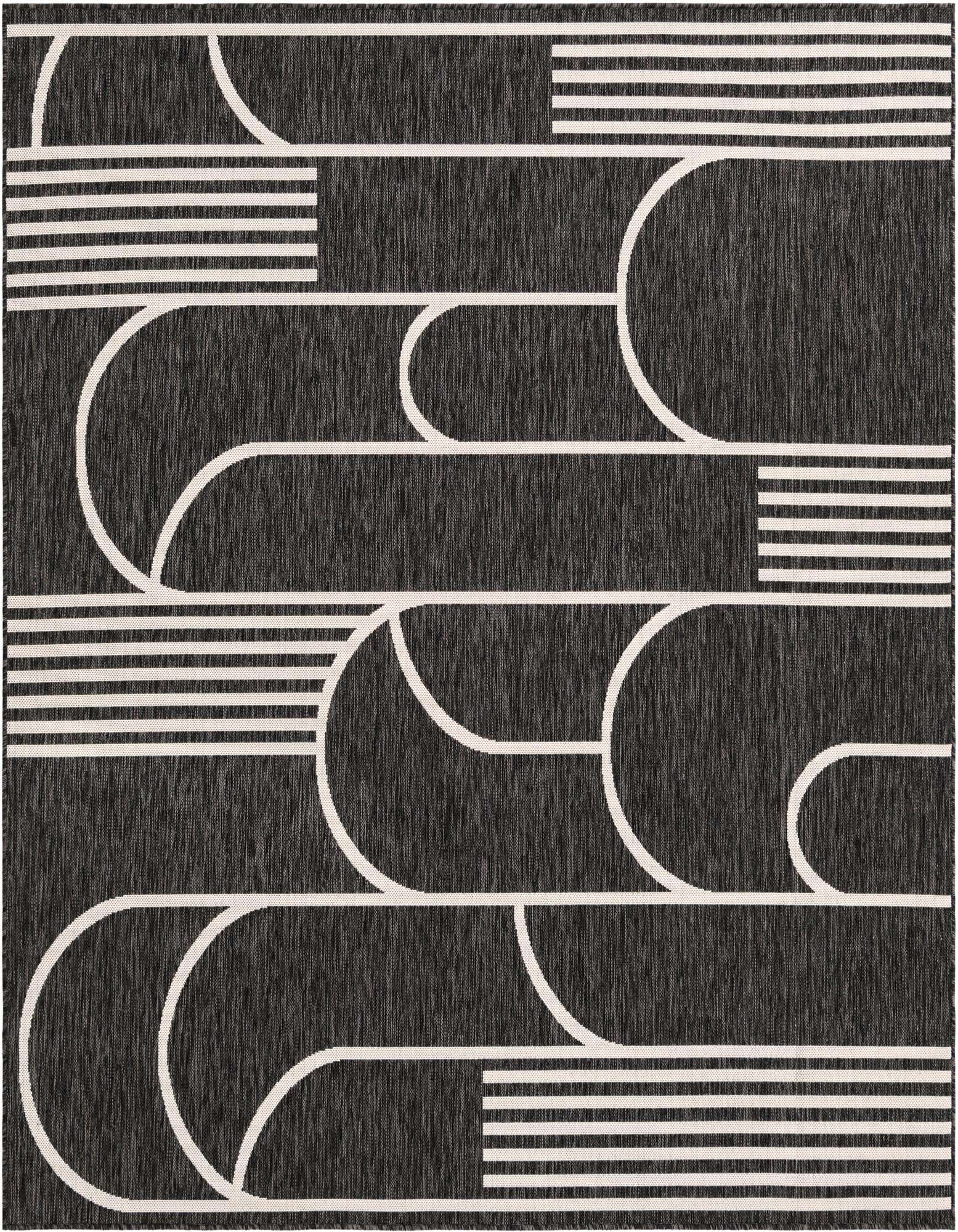 A black and white square rug with a modern geometric pattern featuring curved and straight lines, suitable for indoor or outdoor use.