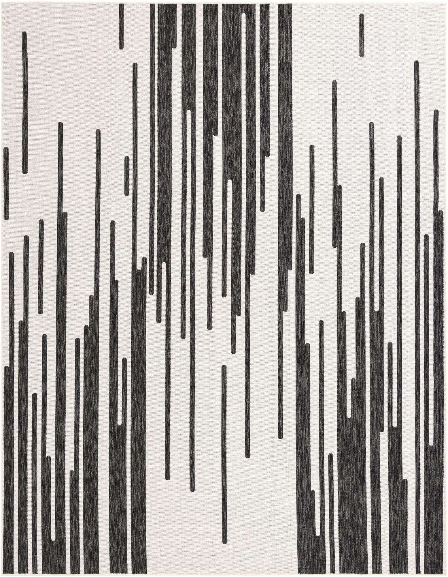 A 10'x10' square black and white modern flatweave rug with a vertical abstract stripe pattern, suitable for indoor or outdoor use.