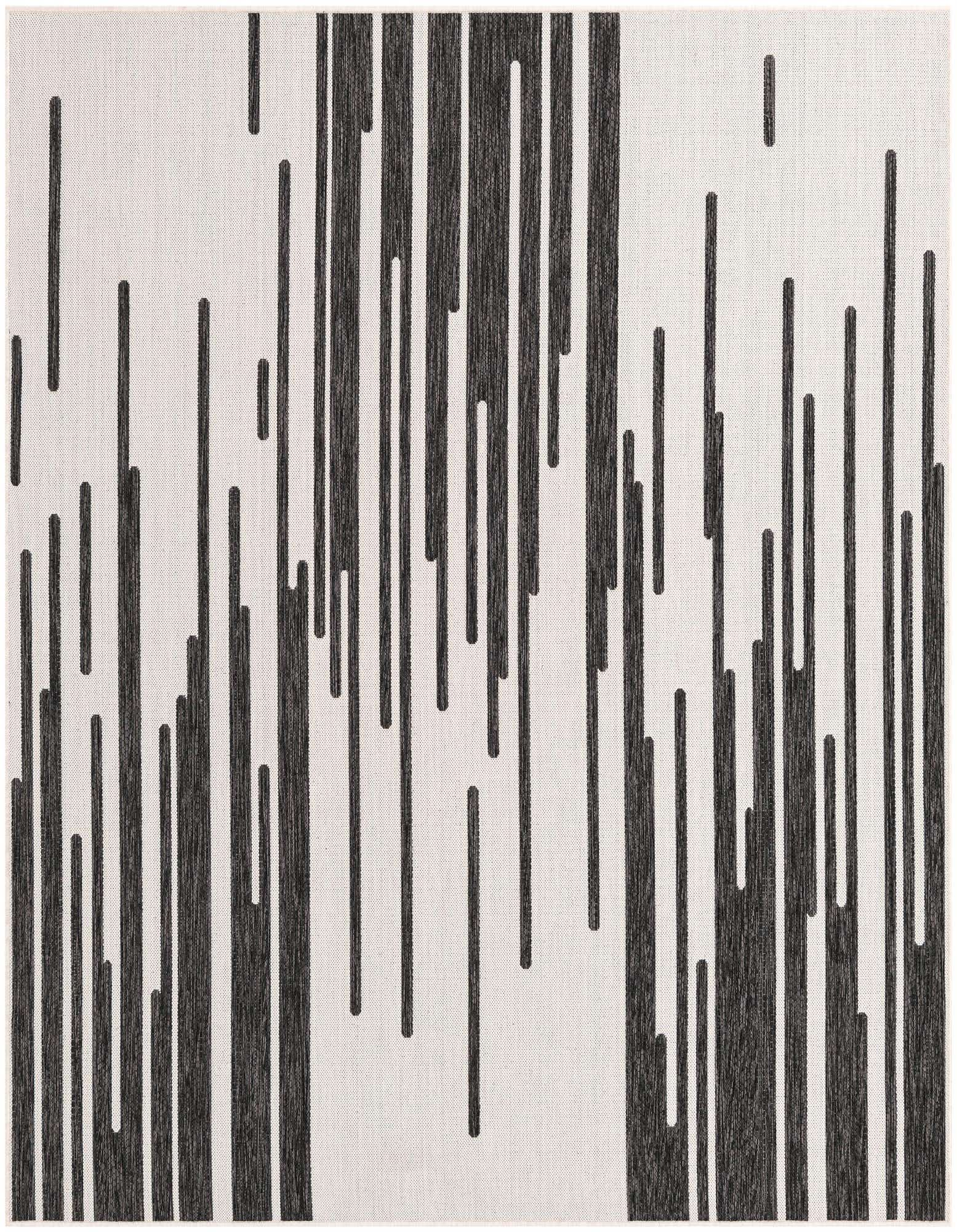 A 7'10 x 7'10 square black and white modern flatweave rug with a vertical stripe pattern, suitable for indoor or outdoor use.