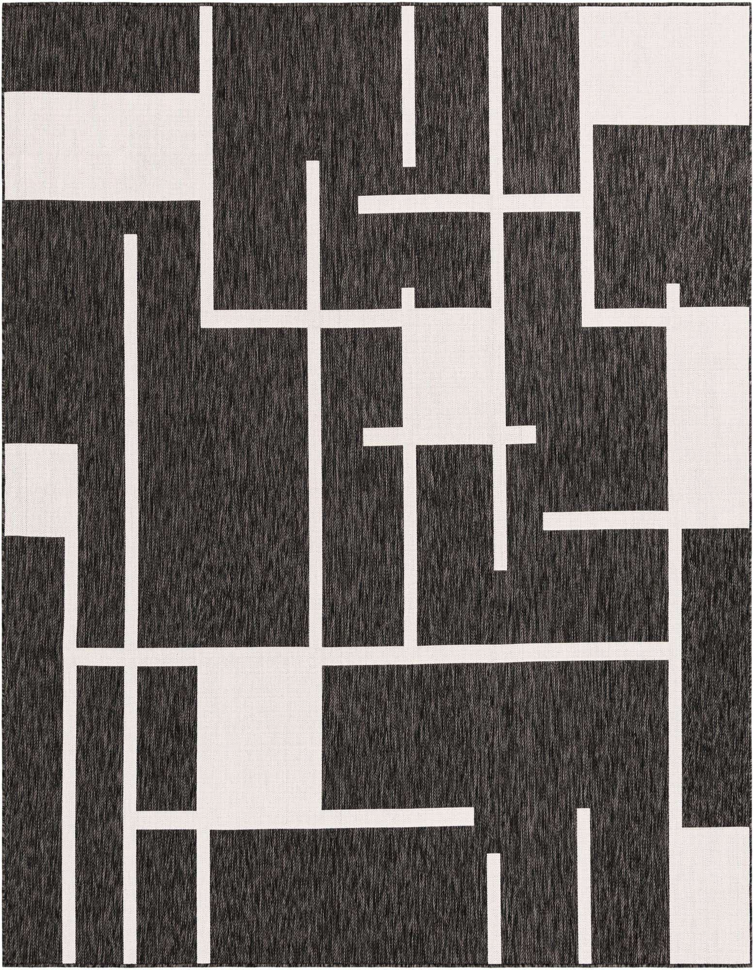 A 10'x10' square black and white modern geometric rug with a flatweave texture, suitable for indoor or outdoor use.