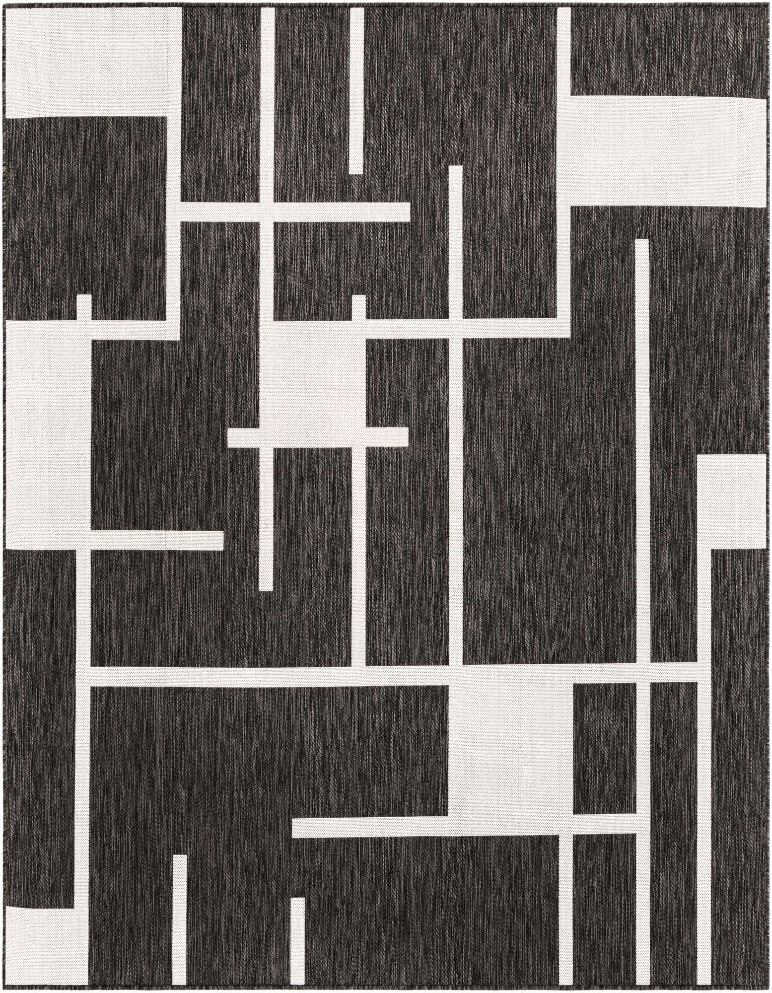 A 7' 10 x 7' 10 square black and white modern geometric rug with a bold maze-like pattern, suitable for a patio.