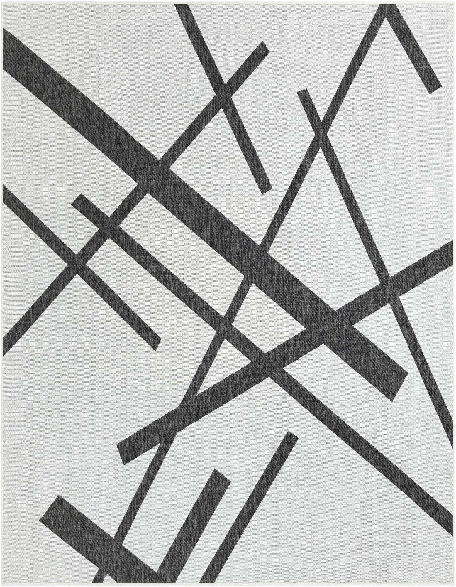 A 10'x10' square Rugs.com Outdoor Modern rug with a minimalist black abstract line pattern on a white background, suitable for a patio.