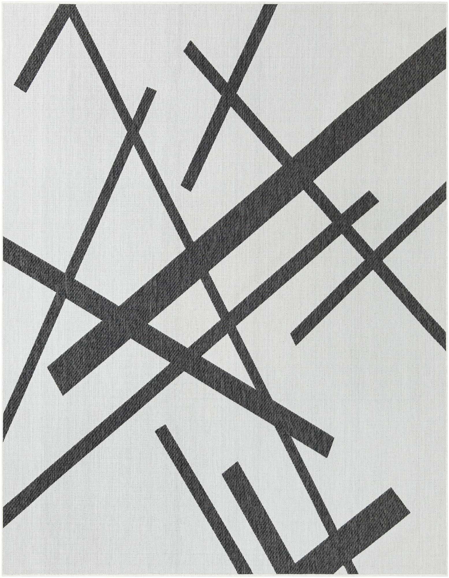 A 12x12 square black and white modern abstract rug with intersecting lines, suitable for indoor or outdoor use.