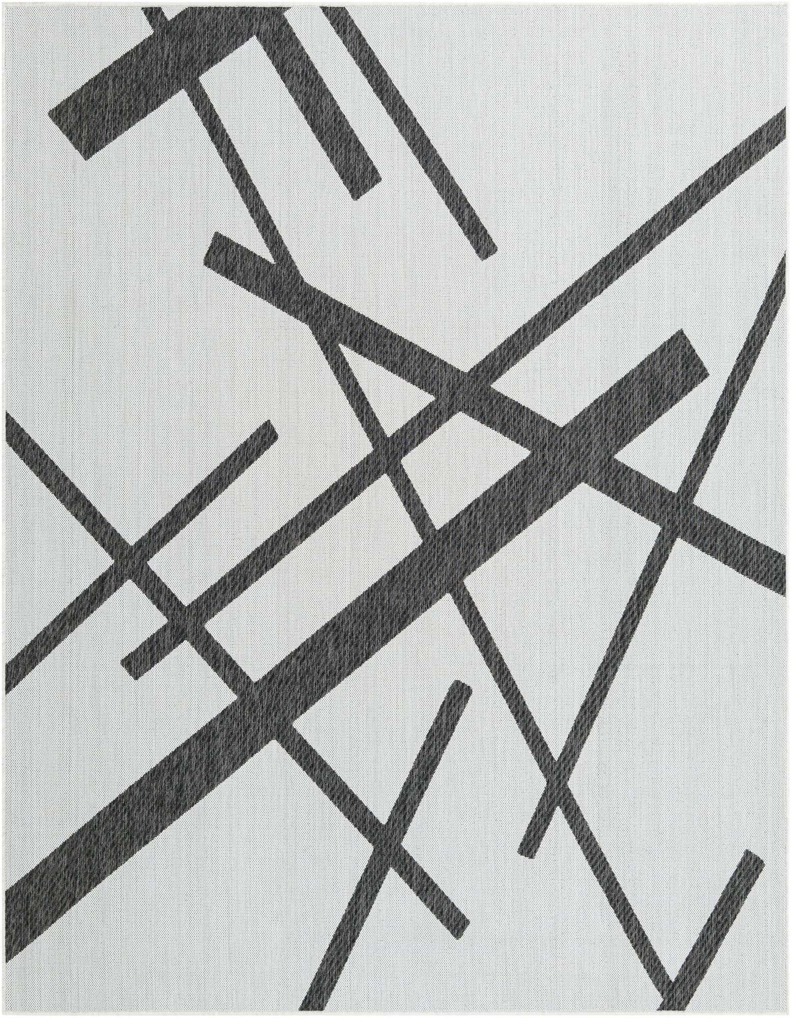 A square black and white modern abstract rug with a minimalist pattern of intersecting black lines on a light background.