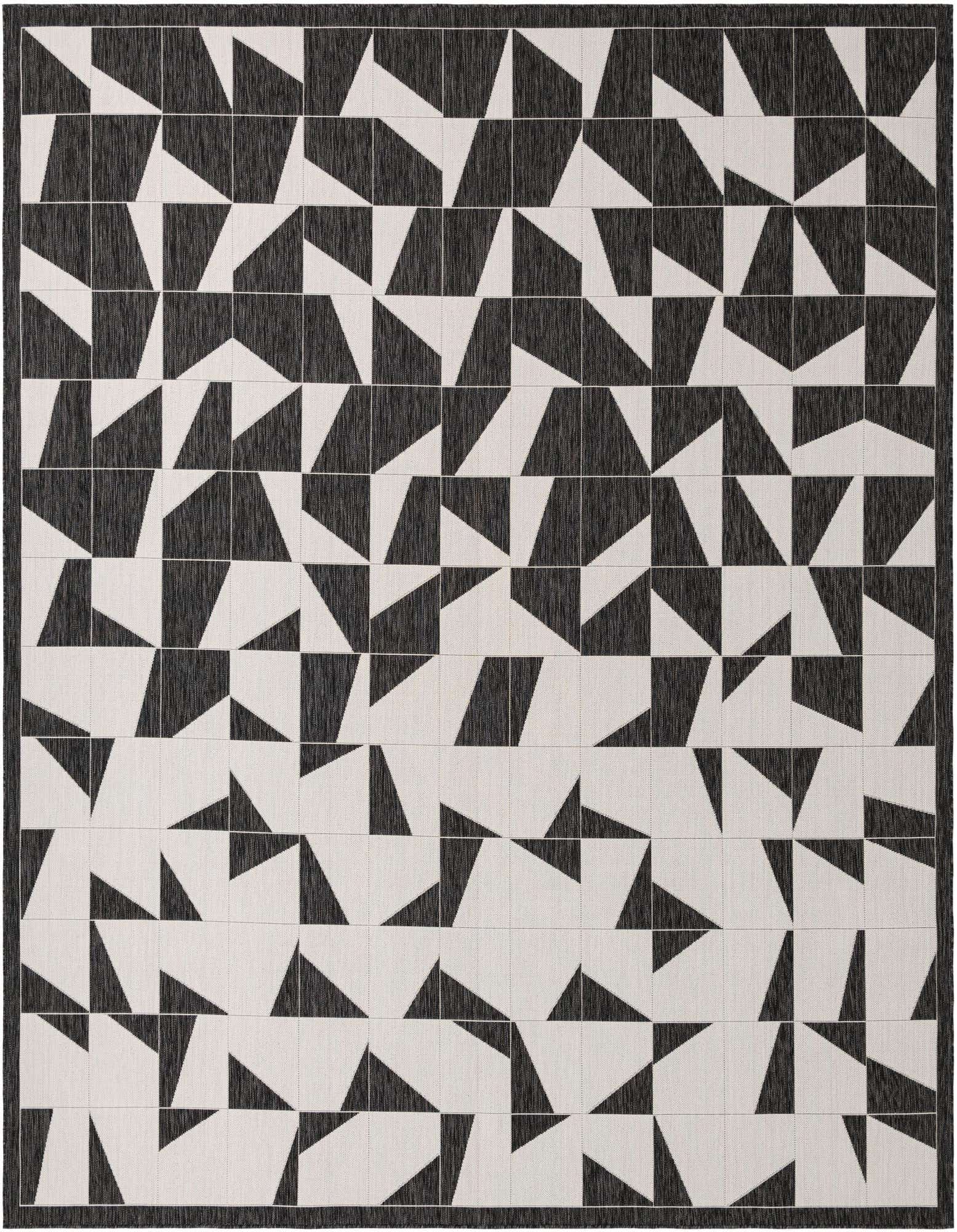 A 12'x12' square black and white modern geometric rug with an abstract pattern of interlocking triangles and squares, suitable for indoor or outdoor use.