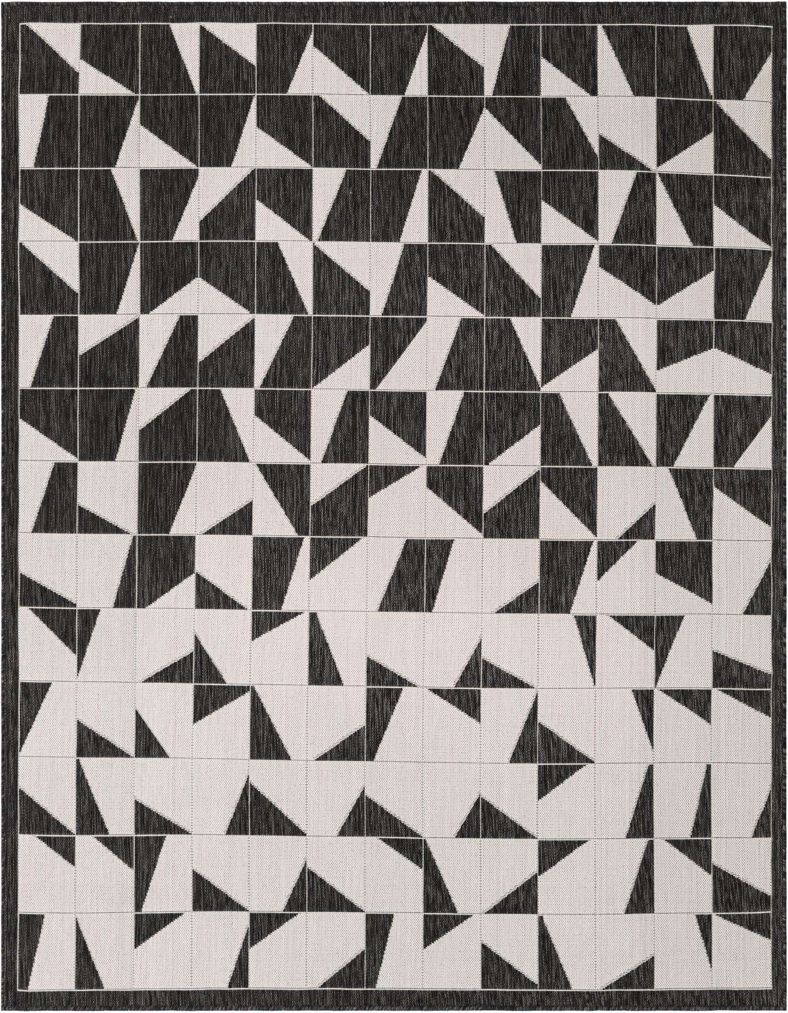 A black and white square rug featuring a modern, abstract geometric pattern of interlocking triangles and squares, suitable for indoor or outdoor use.