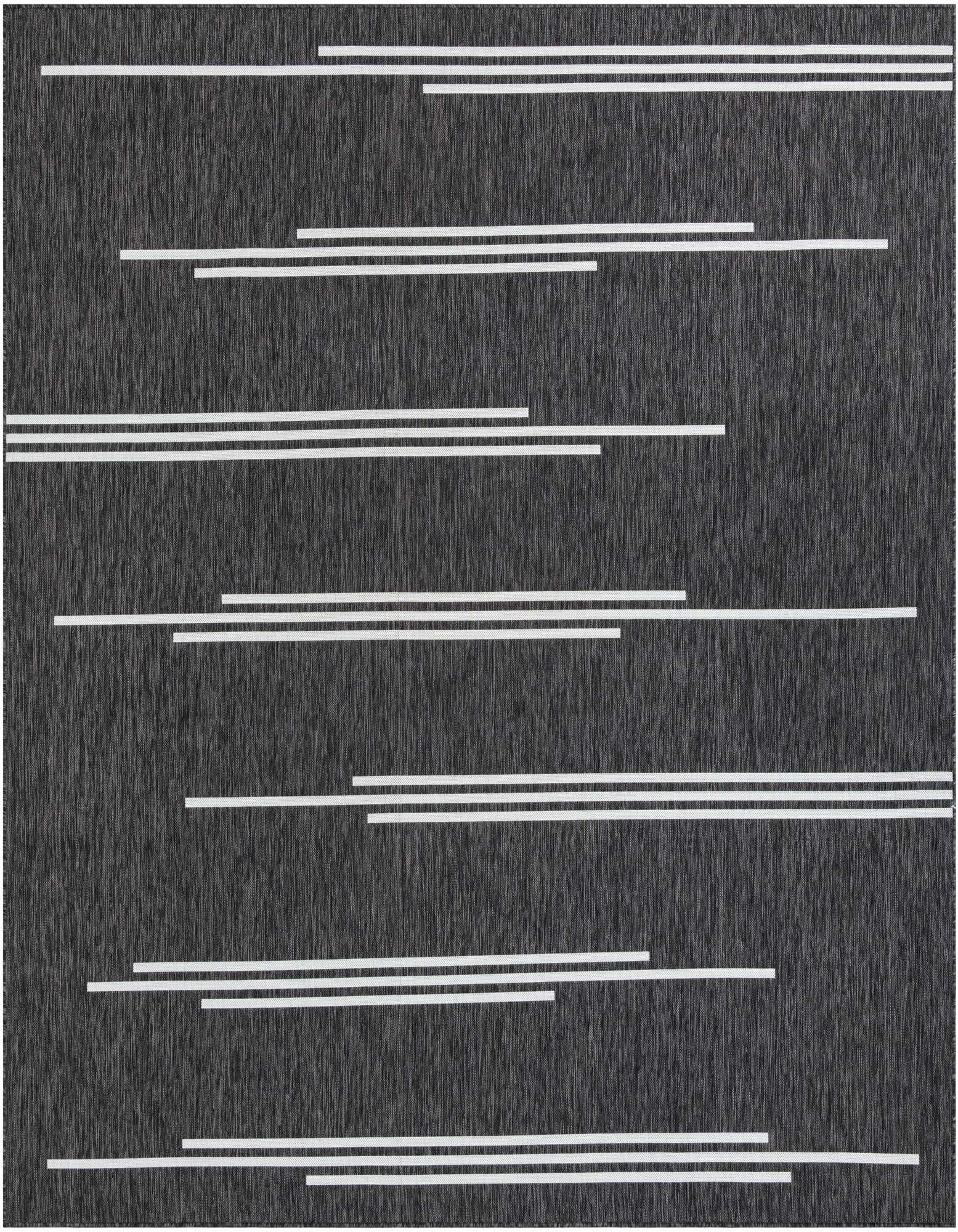 A 10'x10' square black and white modern rug with horizontal ivory stripes of varying lengths, suitable for indoor or outdoor use.