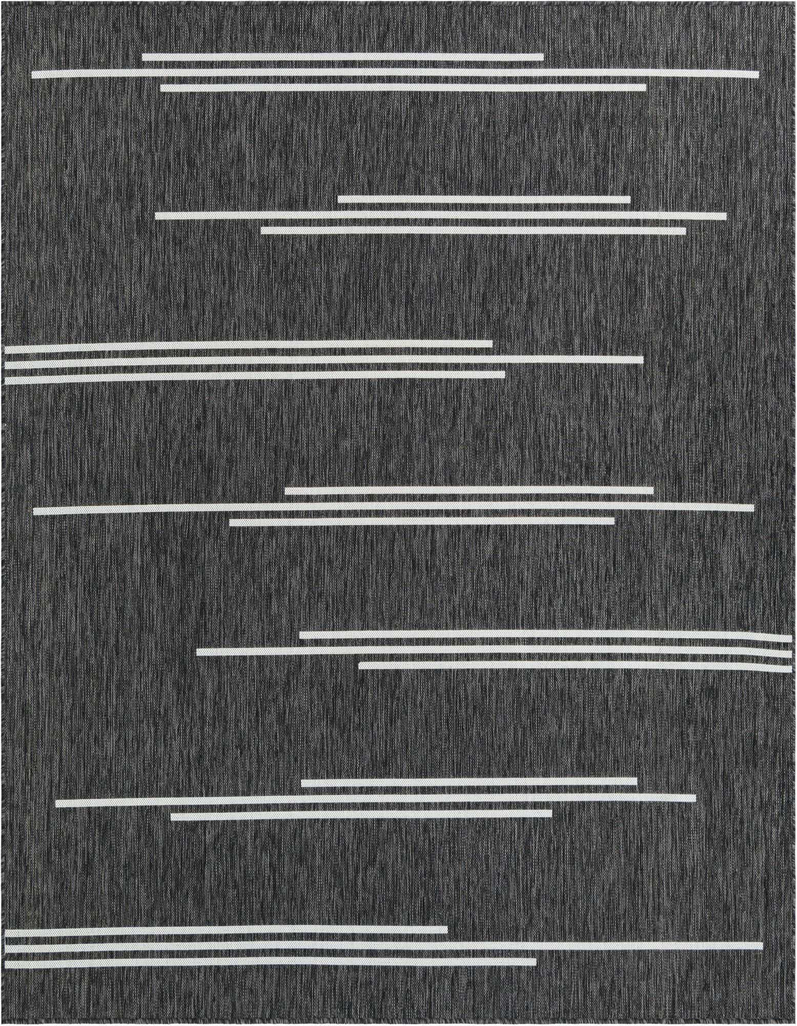A 7' 10 x 7' 10 square black and white modern flatweave rug with horizontal white stripe patterns.