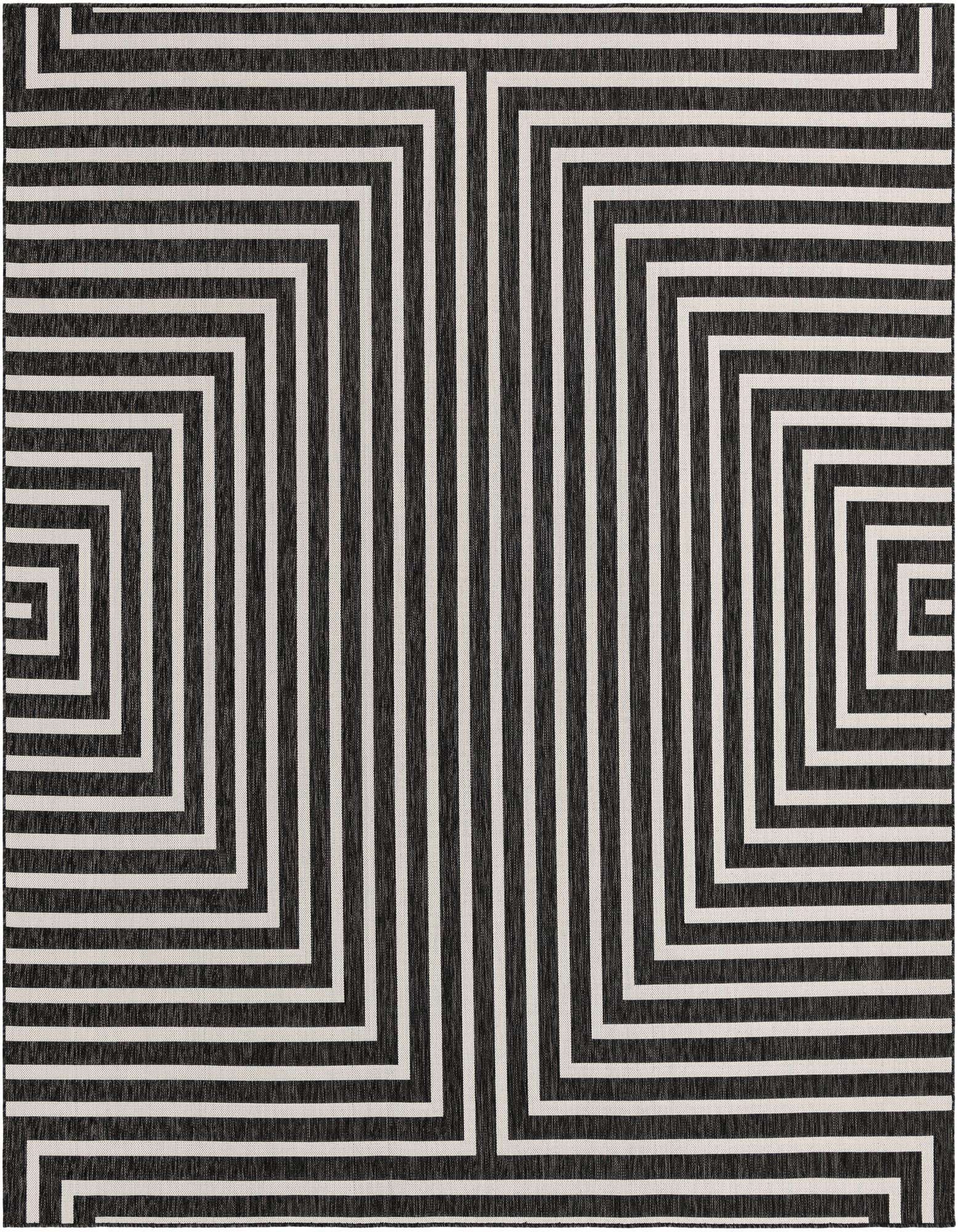 A 10'x10' square black and white contemporary rug with a bold, geometric striped pattern, ideal for a patio or modern indoor space.