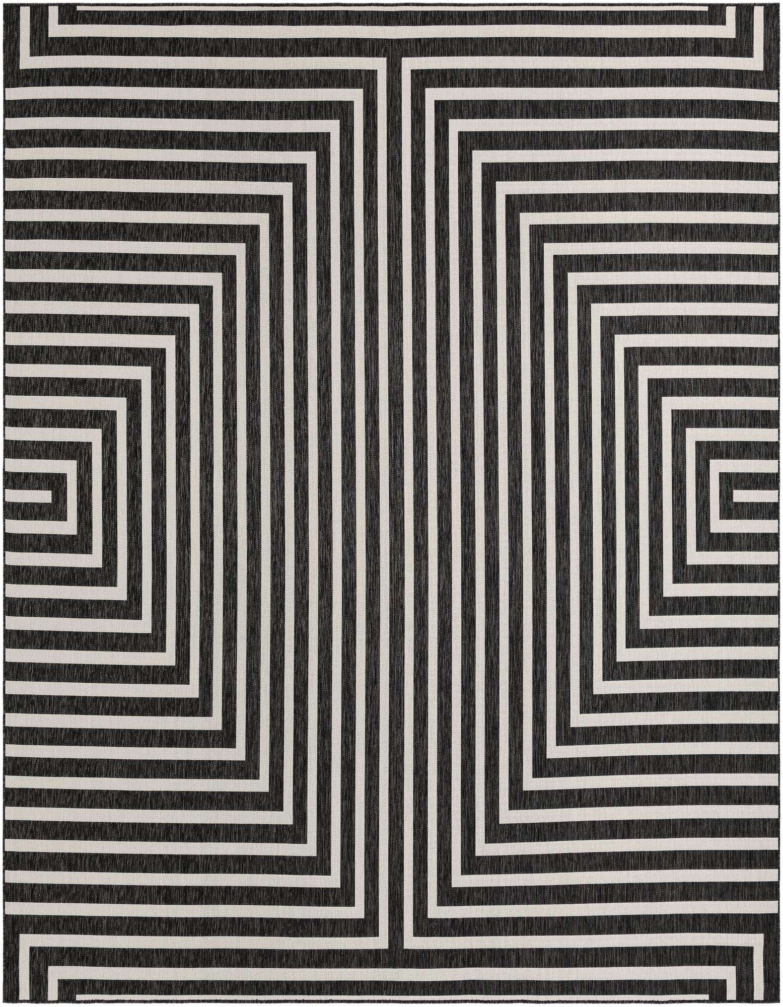 A 12'x12' square black and white modern rug with a bold geometric striped pattern, suitable for indoor or outdoor use.