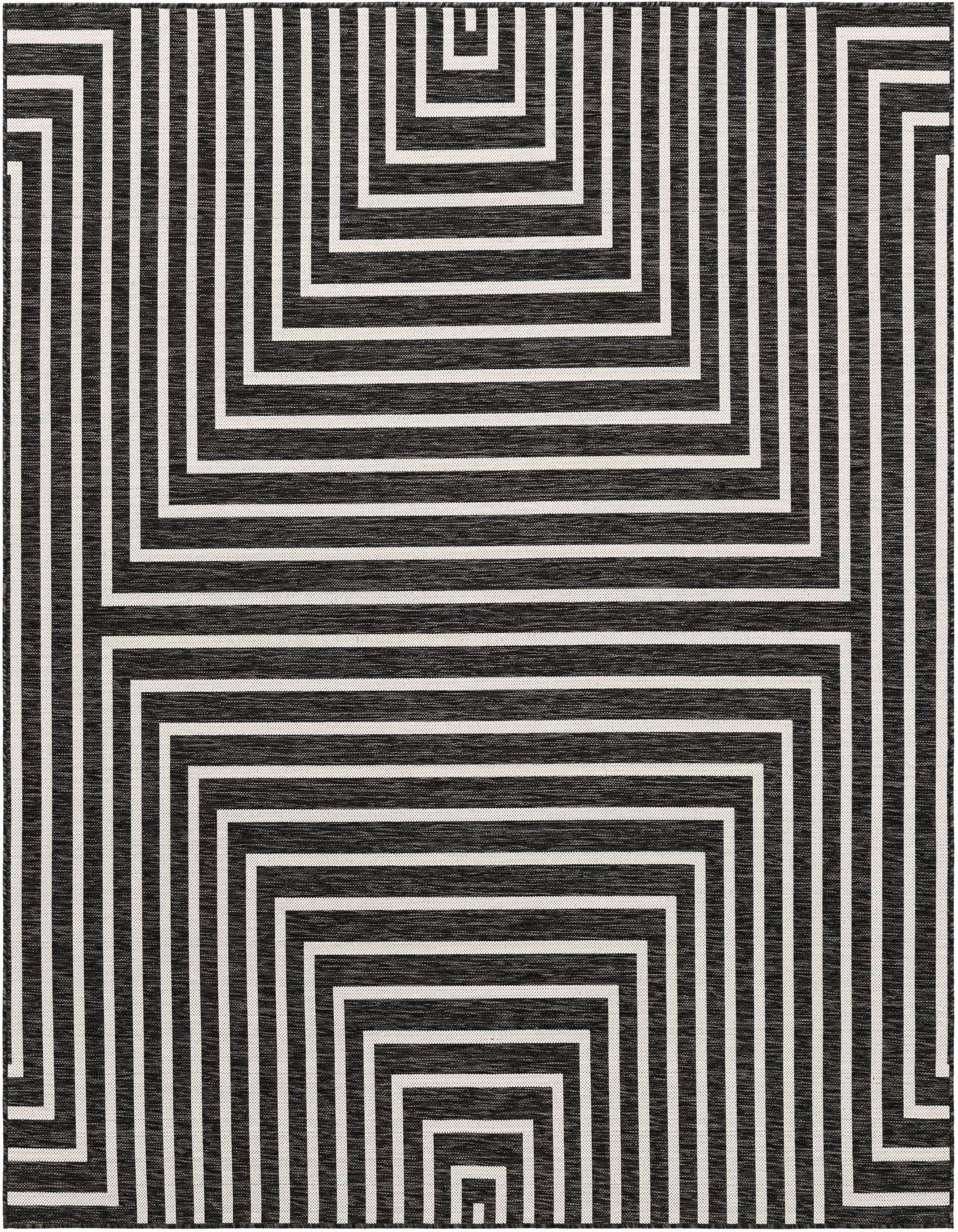 A black and white square rug featuring a bold contemporary geometric stripe pattern, ideal for a modern patio.