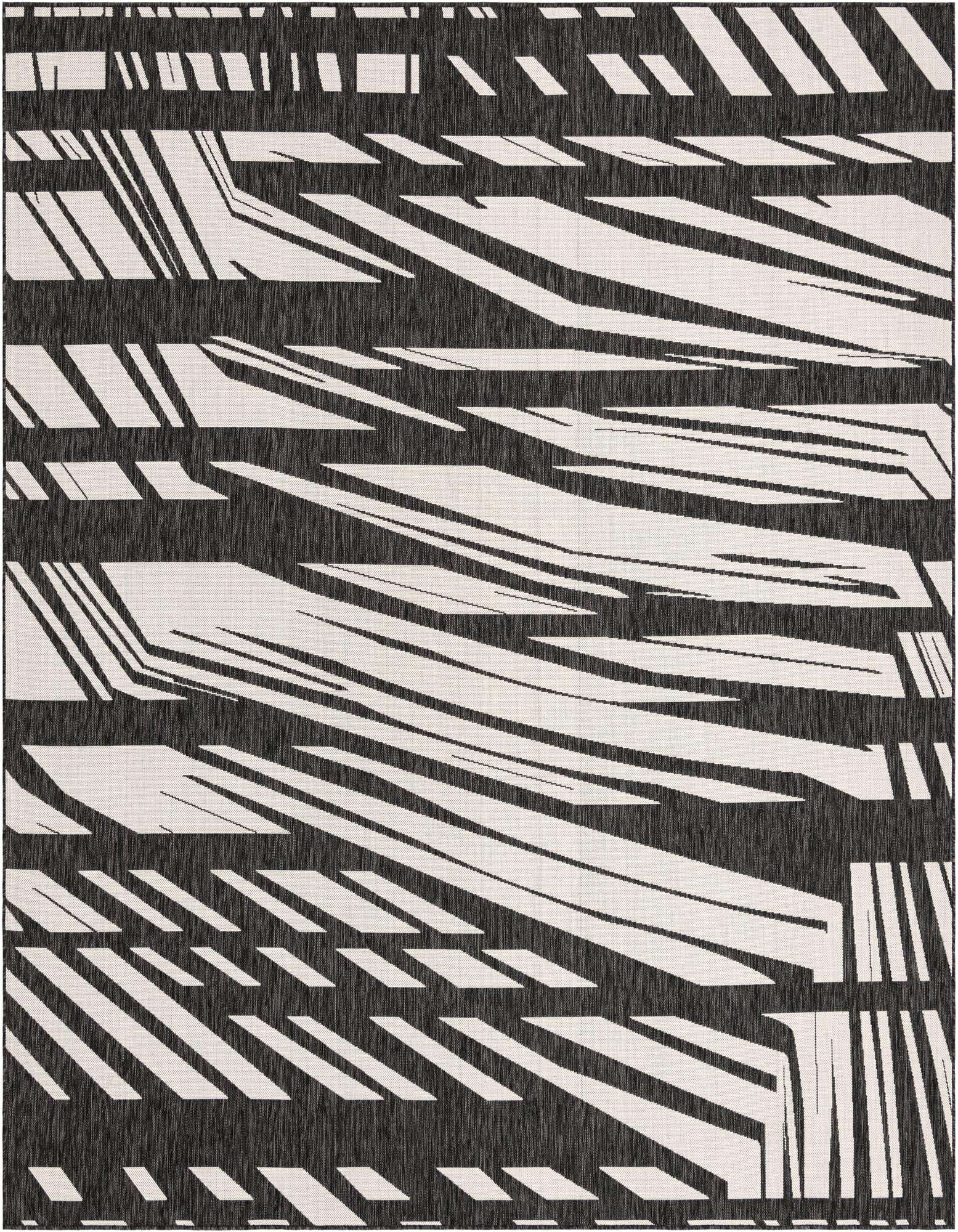 A 10'x10' square black and white modern rug with abstract horizontal stripes, suitable for indoor or outdoor use.