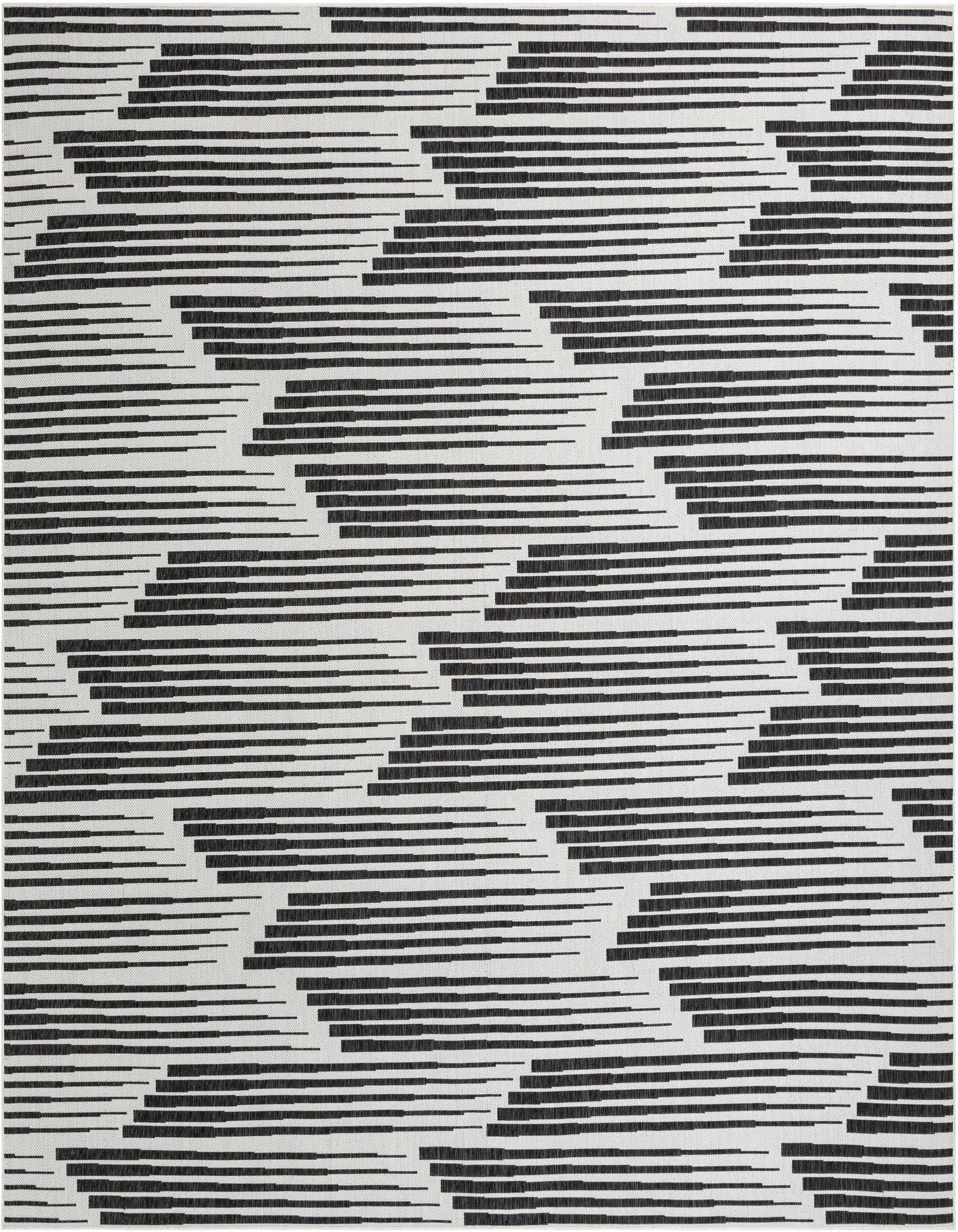 A 12'x12' square black and white outdoor rug with a modern striped geometric pattern, perfect for a patio.