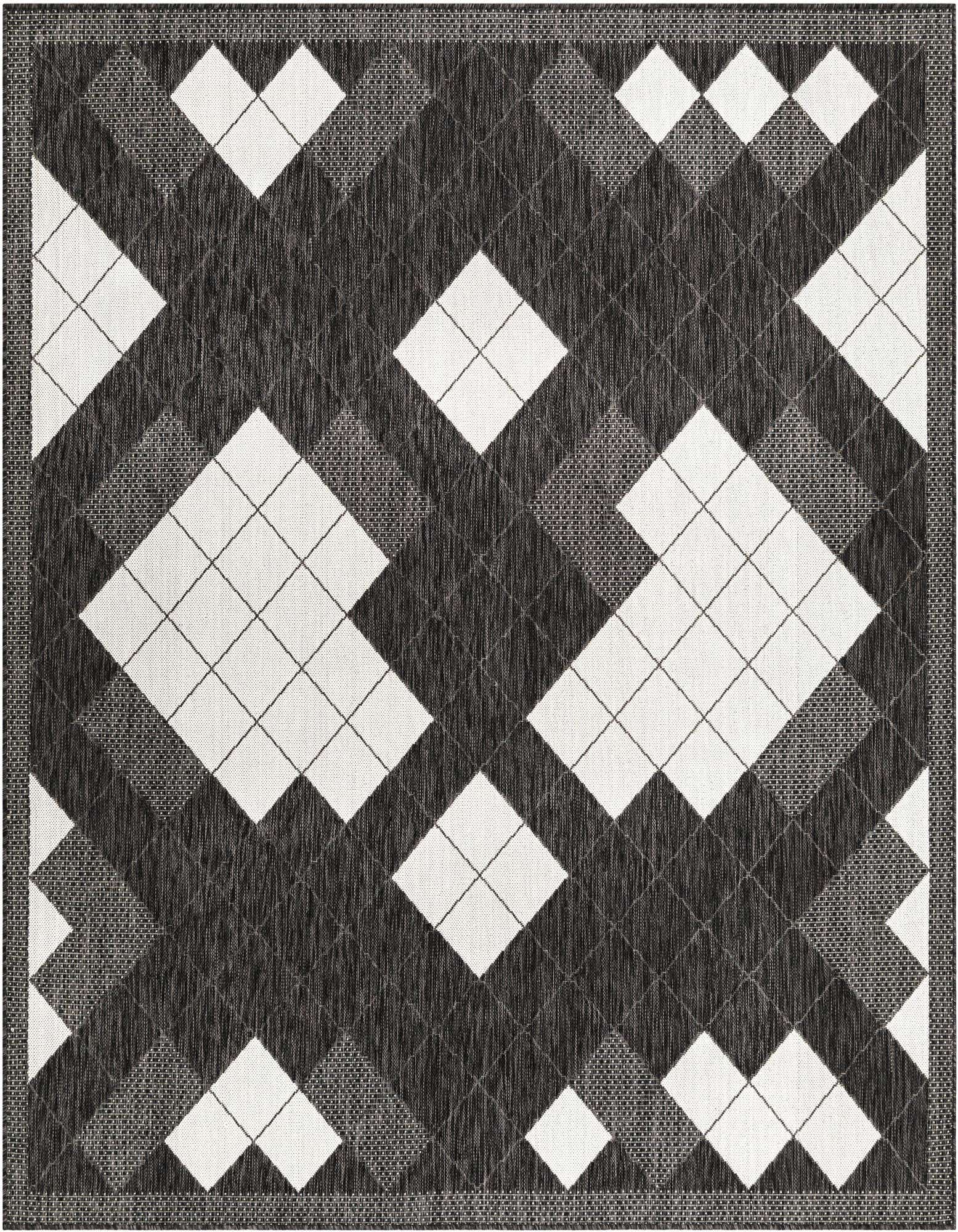 A 7' 10 x 7' 10 square black and white modern argyle rug featuring a flatweave texture, suitable for a patio.