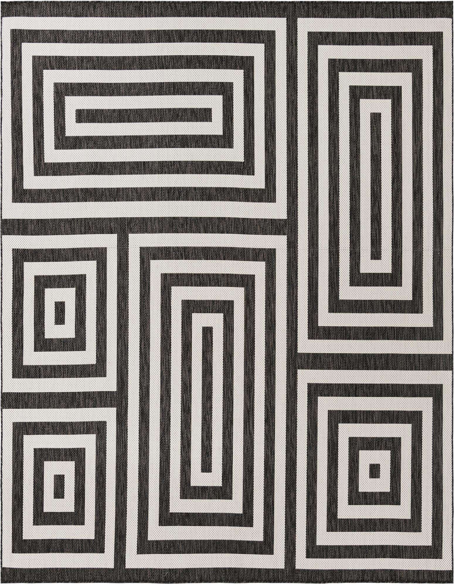 A 10' square black and white modern abstract rug with a geometric maze pattern, suitable for indoor or outdoor use.