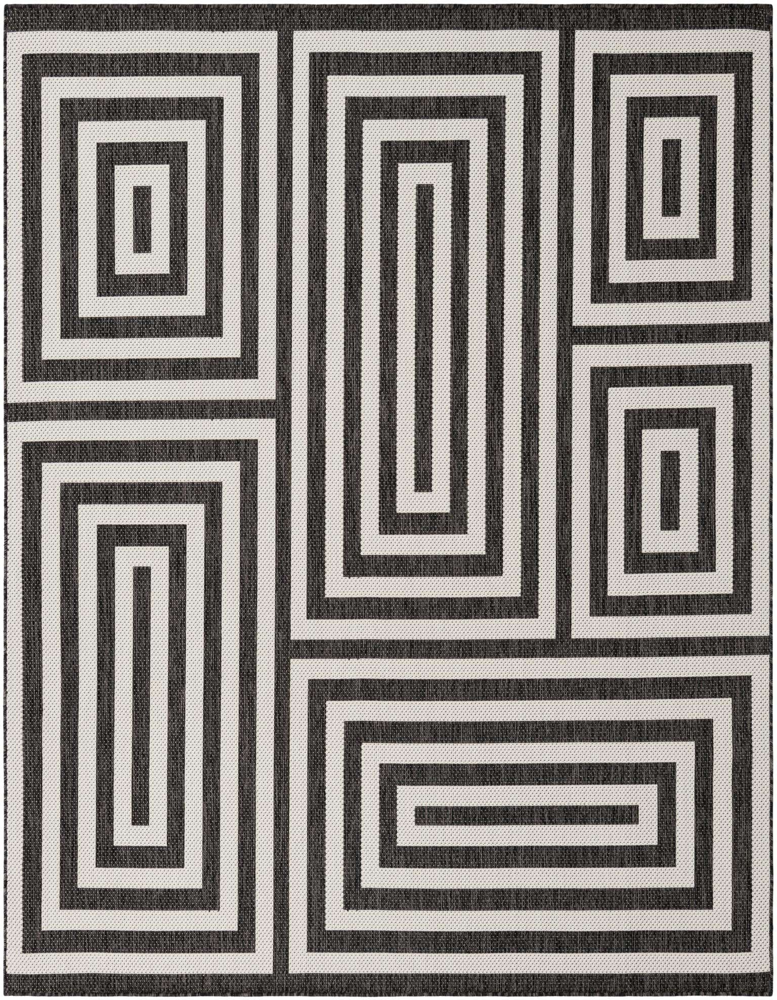 A 7' 10 x 7' 10 square black and white modern rug with an abstract geometric pattern of concentric rectangles.